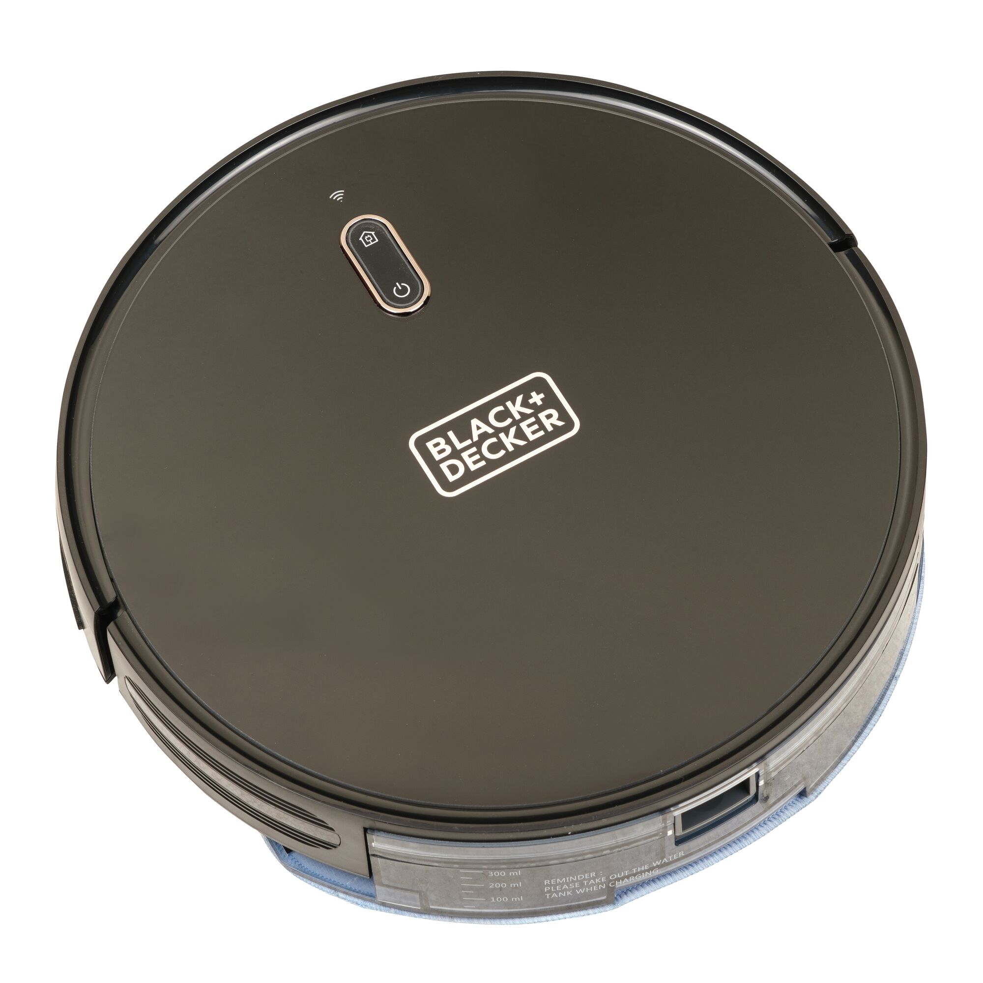 BLACKDECKER BRVA425B00 robotic vacuum top angle, black round design with logo and control button.