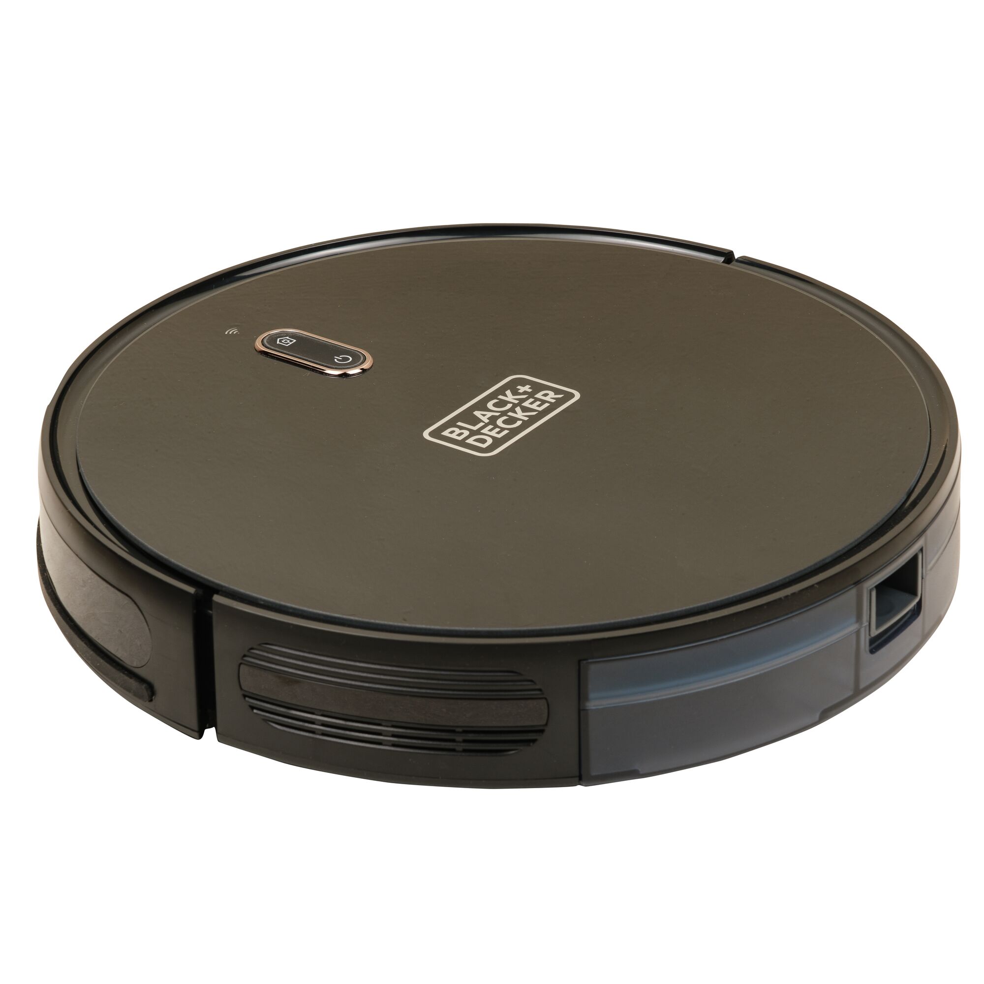 BLACKDECKER BRVA425B00 black robot vacuum cleaner, top angle, round design, visible control button.
