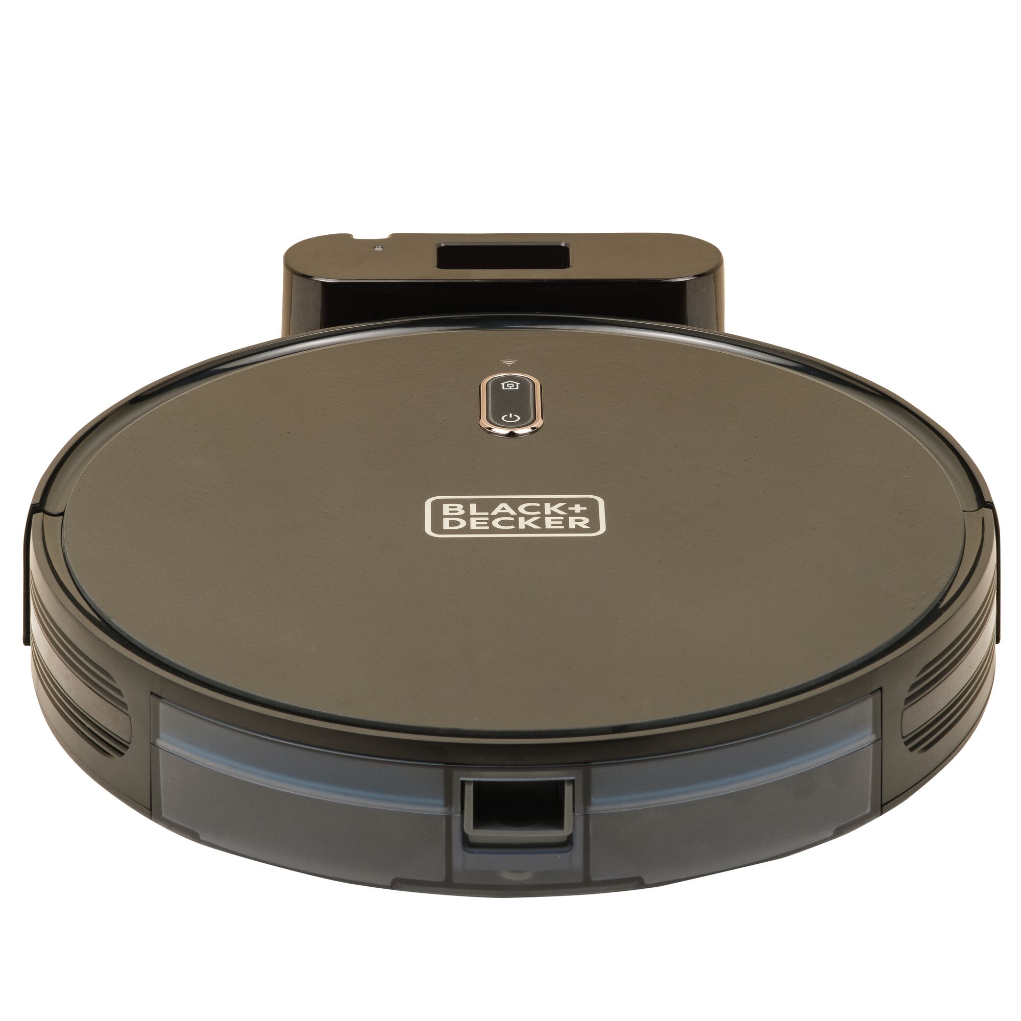 Photo of BLACK+DECKER BRVA425B00 black robot vacuum cleaner, front view on white background.
