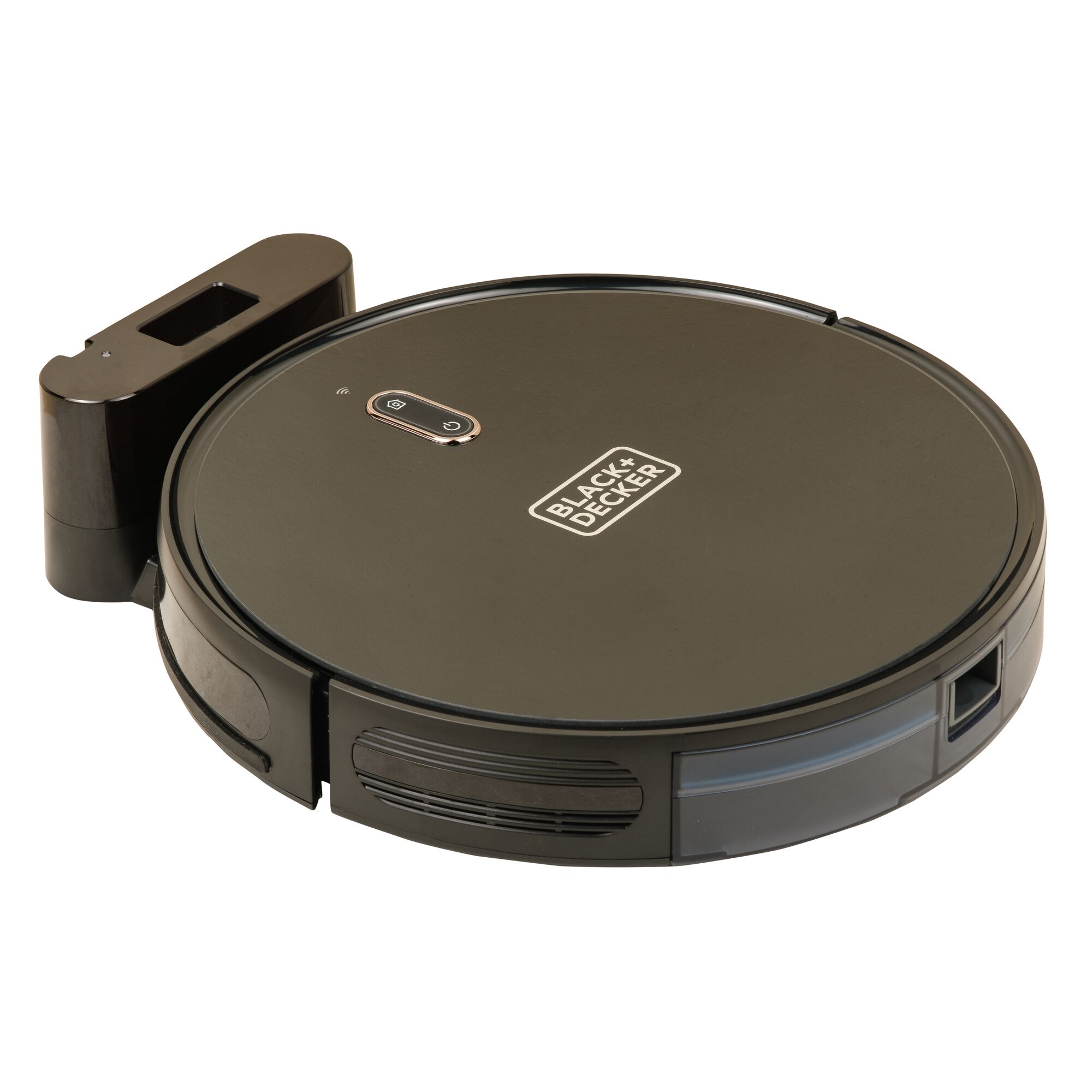 BLACK+DECKER BRVA425B00 robotic vacuum in black, shown with charging dock, front angle, white background.
