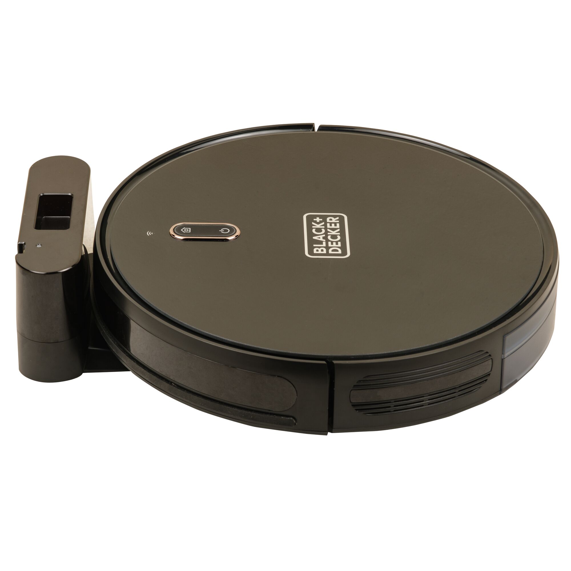 BLACK+DECKER BRVA425B00 black robot vacuum cleaner with charging dock, top view on white background.