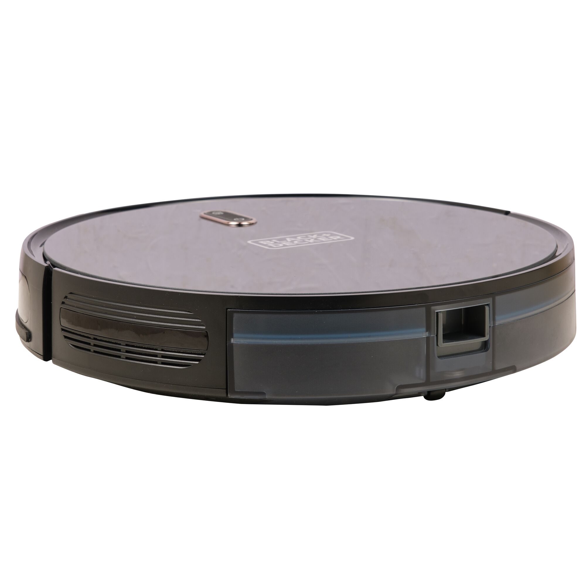Photo of BLACKDECKER BRVA425B00 robot vacuum, round black body, front angle, white background.