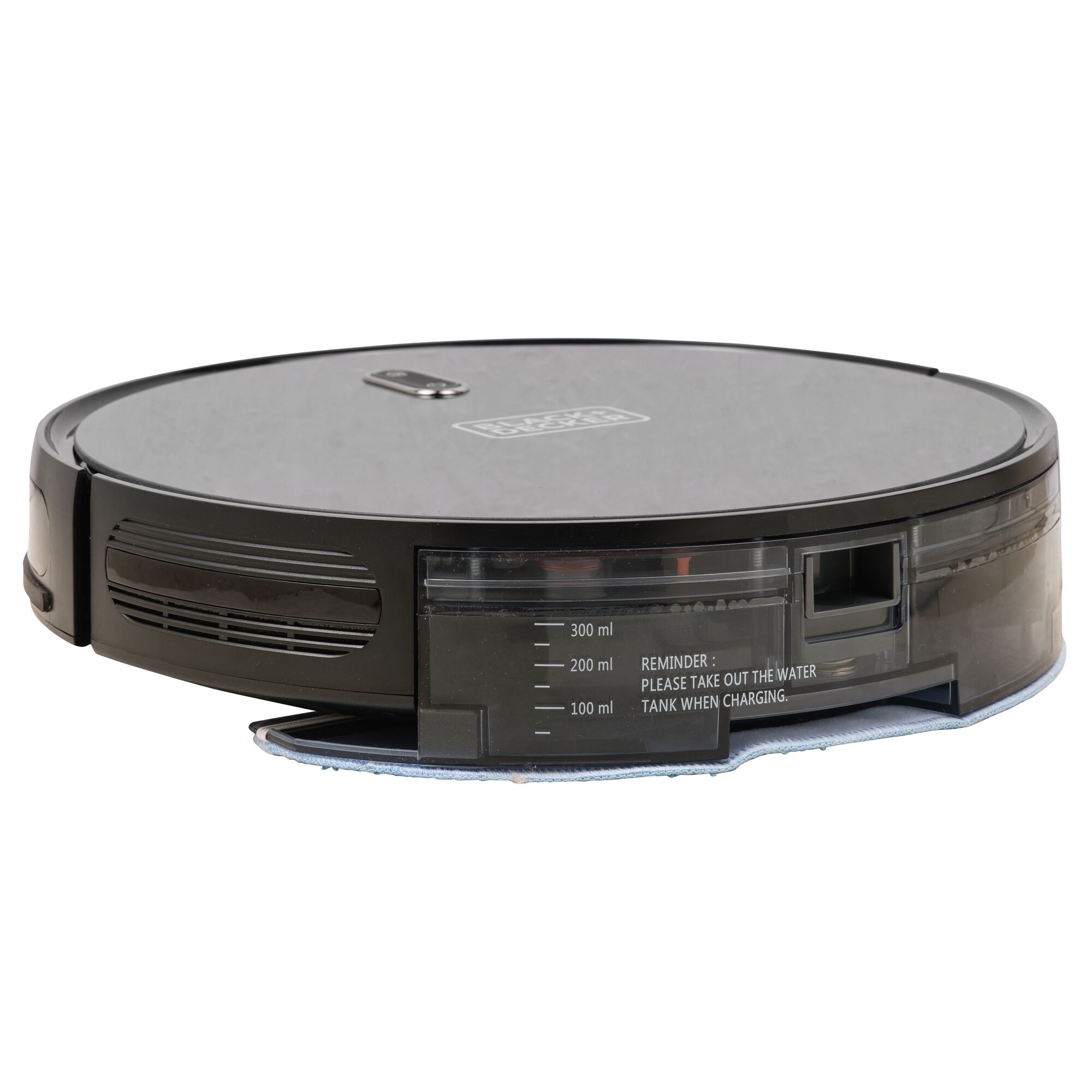 BLACKDECKER BRVA425B00 robot vacuum cleaner with water tank, black, side angle, photography
