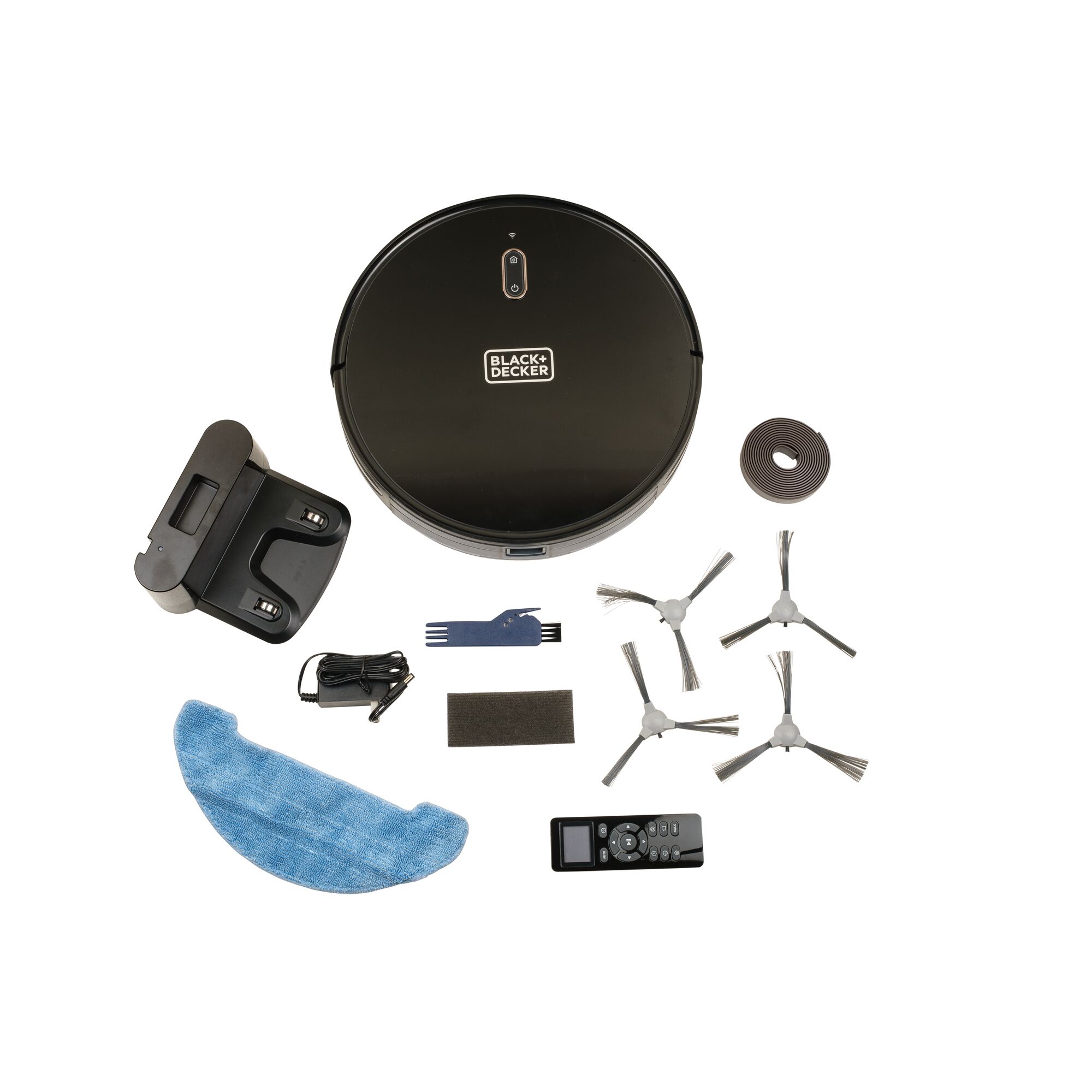 BLACKDECKER BRVA425B00 robot vacuum set with accessories, black, top view on white background.