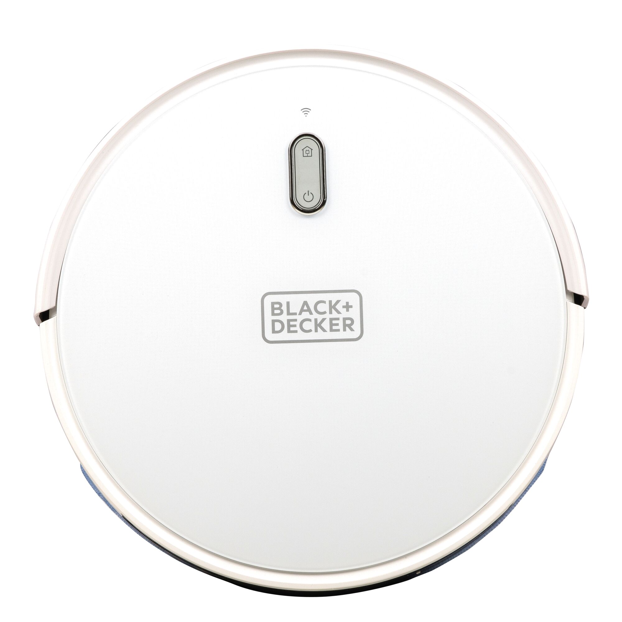 BLACK+DECKER BRVA425B10 white robot vacuum, top view, round shape, single button on surface.