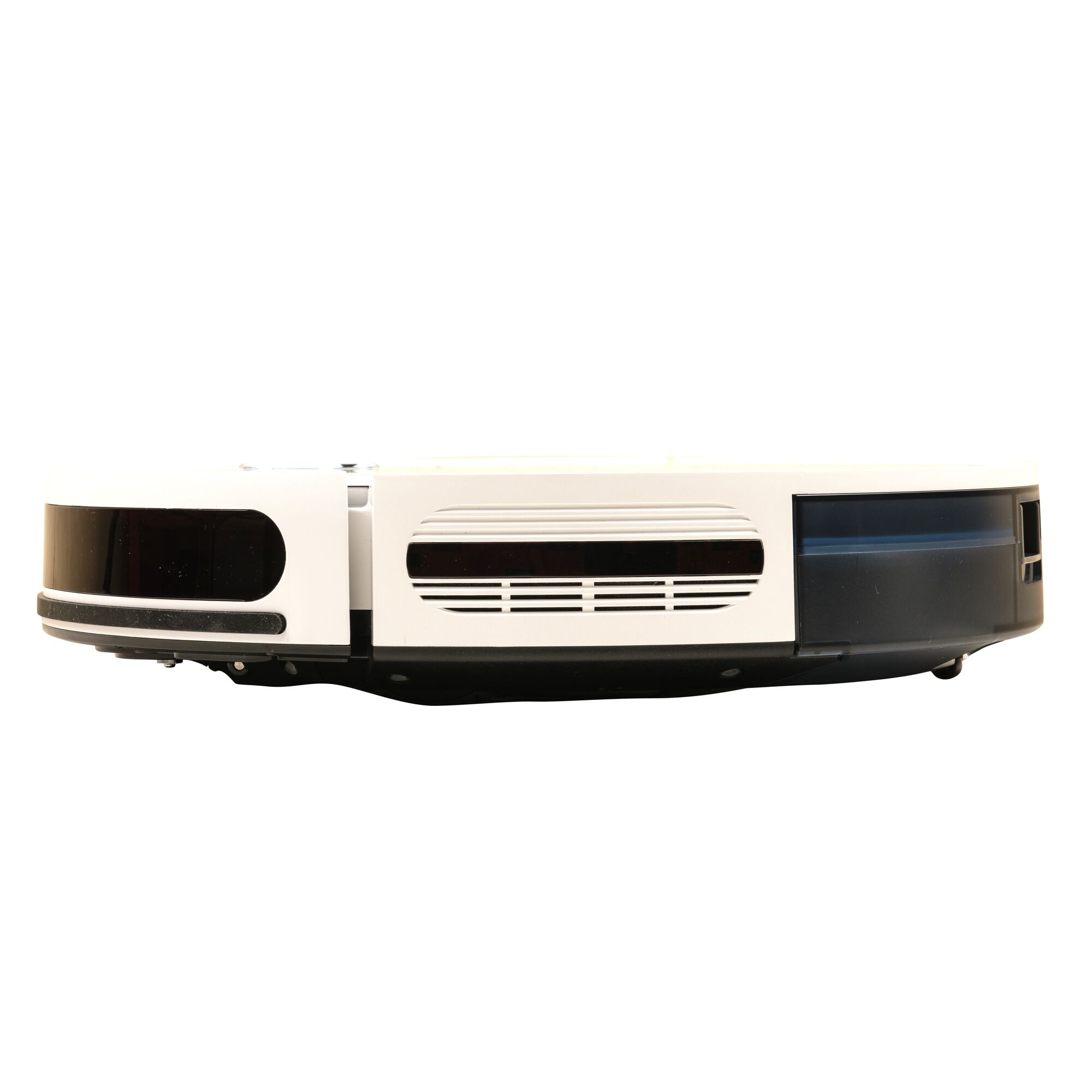 BLACKDECKER BRVA425B10 robot vacuum cleaner, white and black, side view on white background.