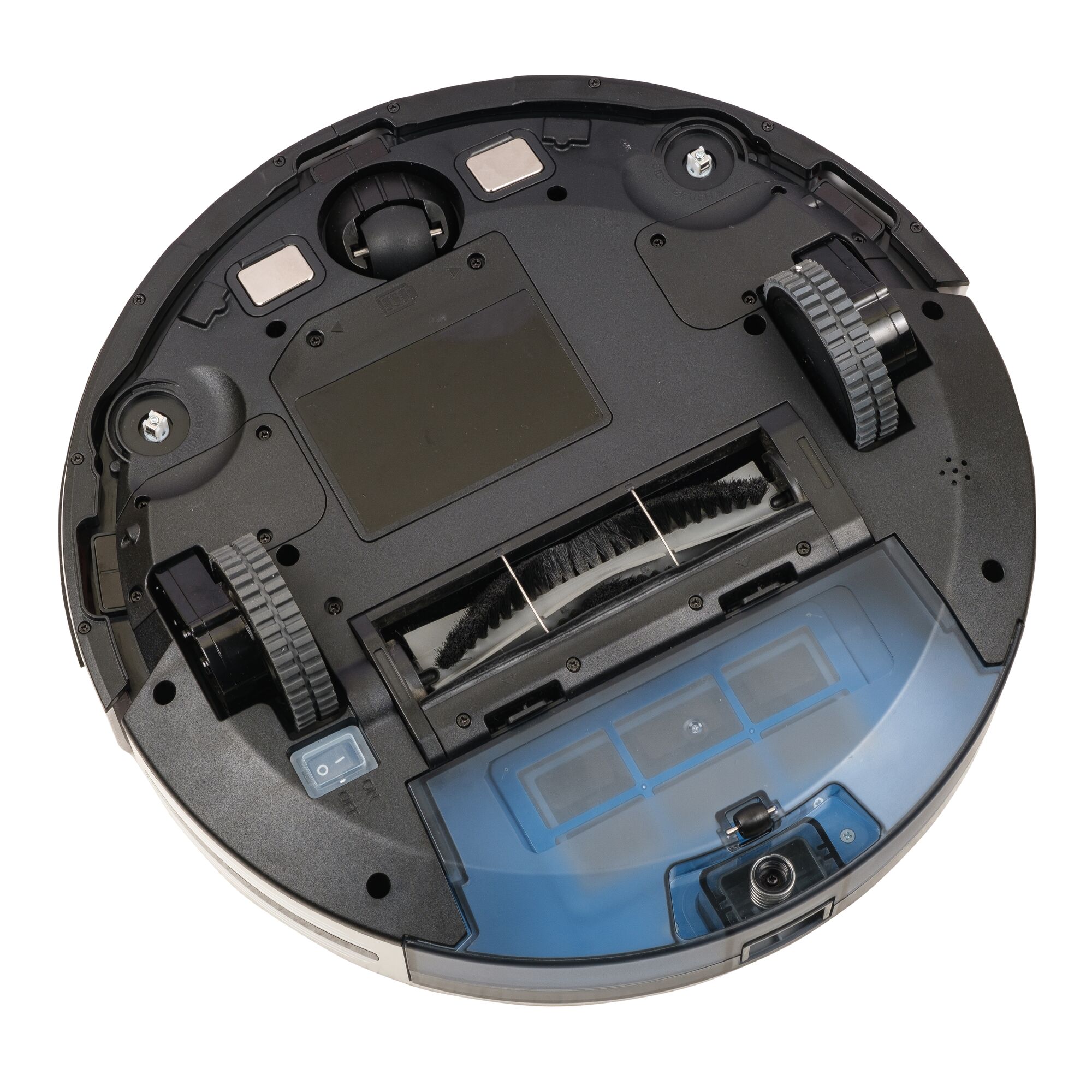 BLACKDECKER BRVA425B10 robot vacuum cleaner bottom view showing wheels, brush, and dustbin compartment.