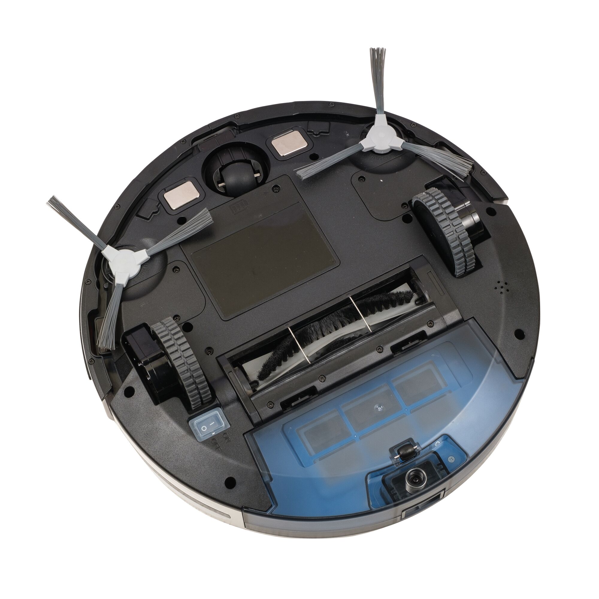 BLACKDECKER BRVA425B10 robot vacuum underside view with dual side brushes and dustbin on white background.