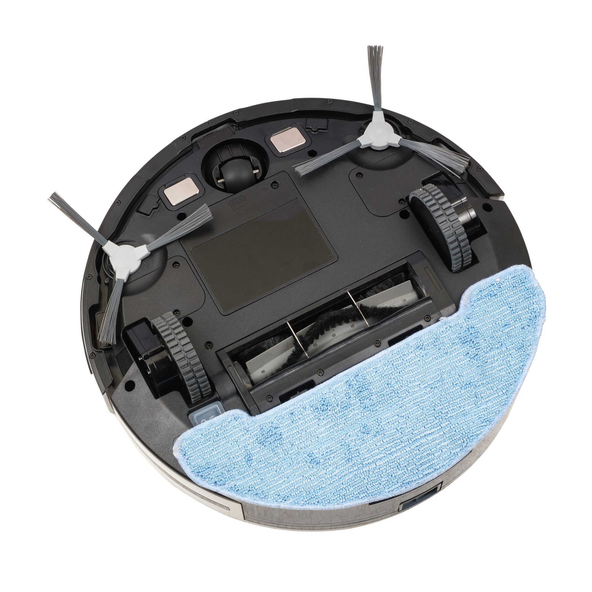 BLACKDECKER BRVA425B10 robotic vacuum bottom view with dual brushes and blue microfiber cleaning pad.