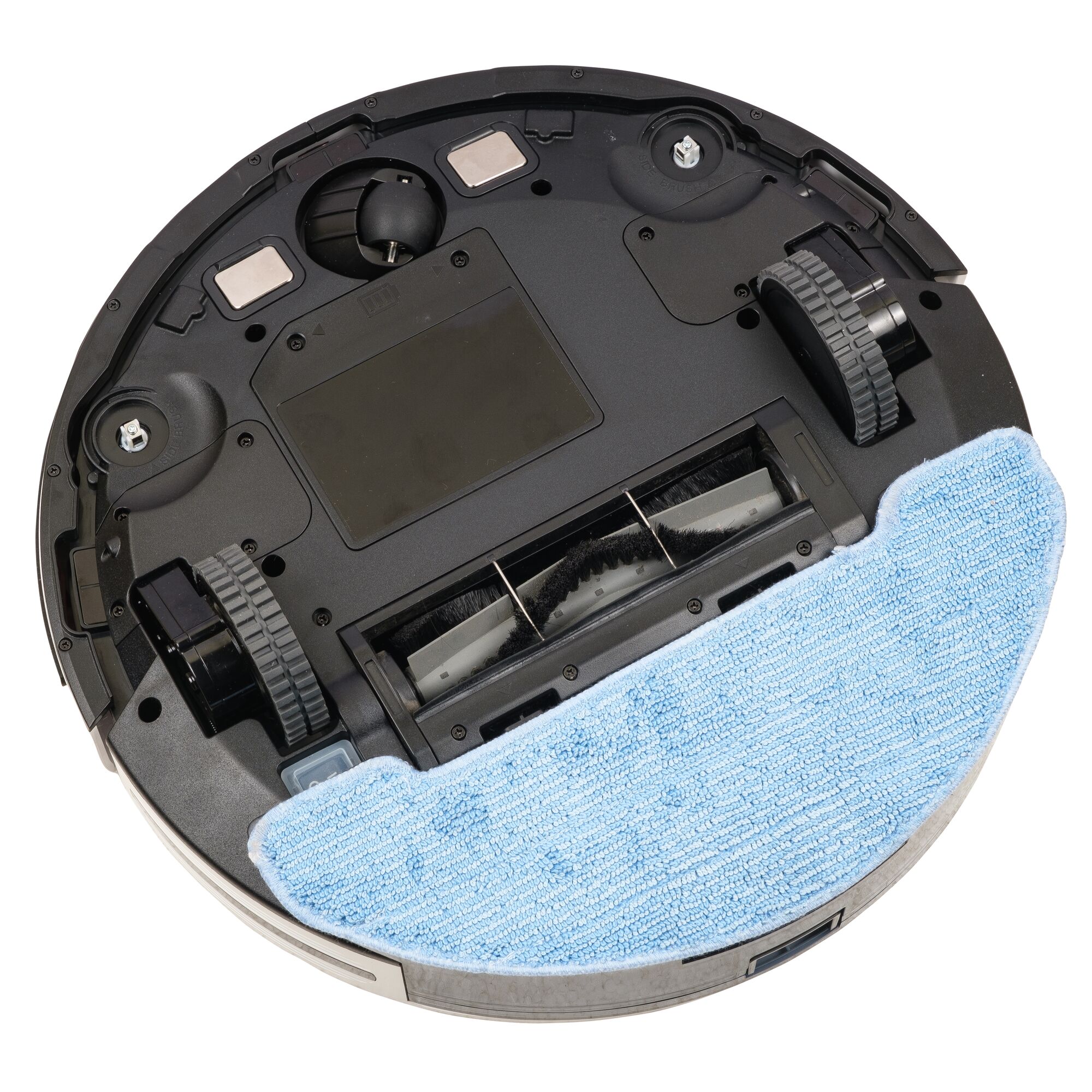 BLACKDECKER BRVA425B10 robot vacuum cleaner bottom view with blue cleaning pad on white background.