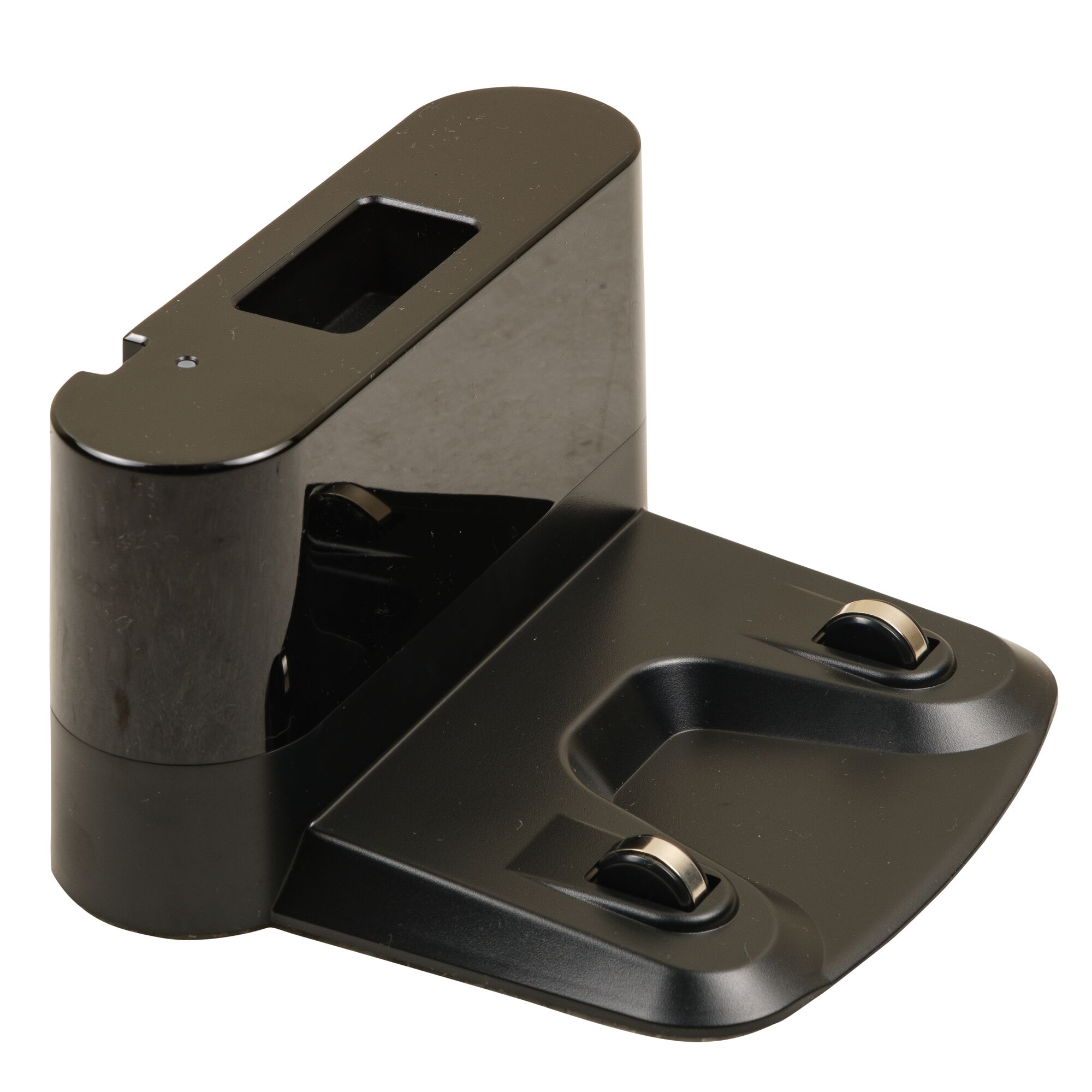 BLACKDECKER BRVA425B10 charging dock in black, angled view, rectangular base with dual contacts.