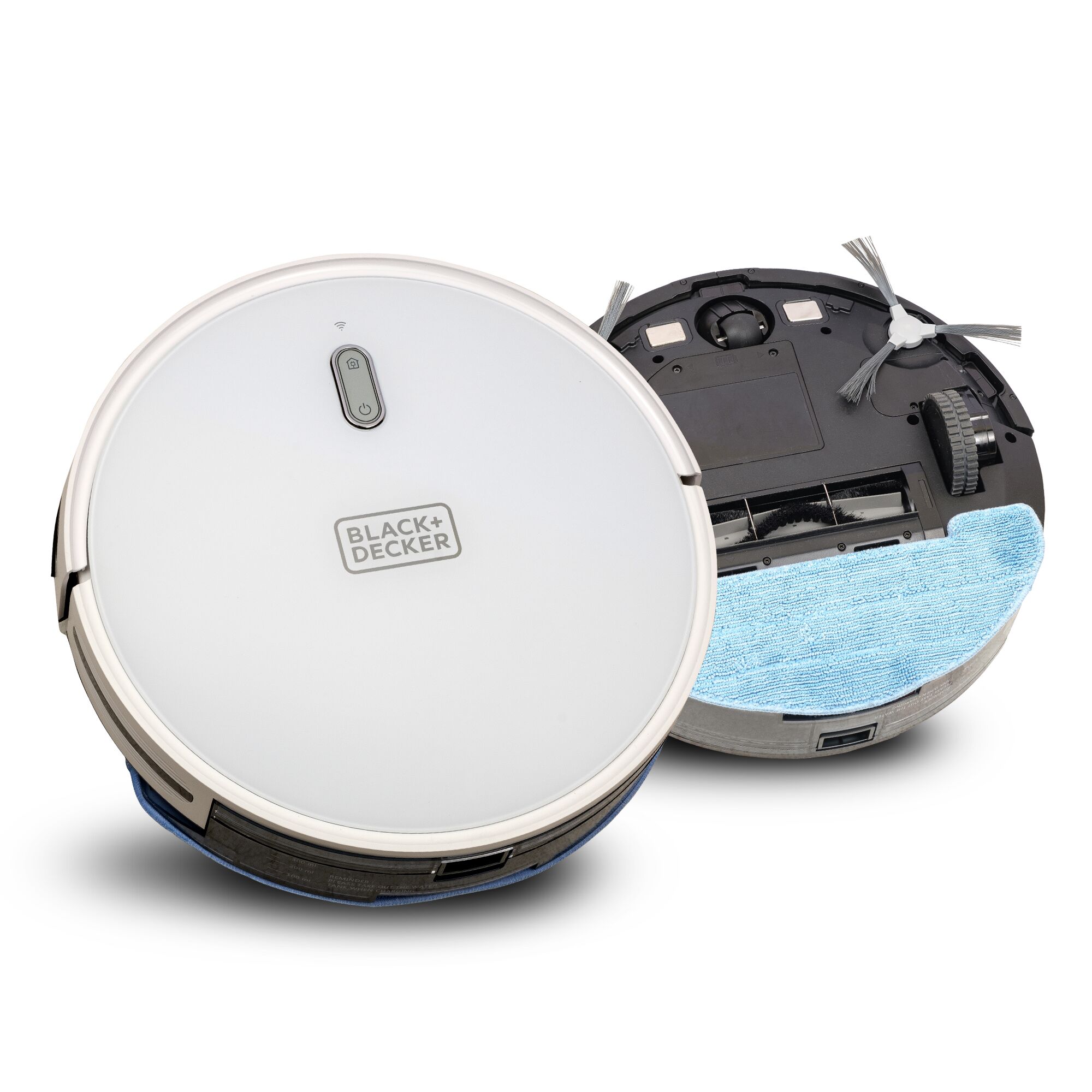 BLACK+DECKER BRVA425B00 white robotic vacuum with blue cleaning pad, top and bottom view on white background.