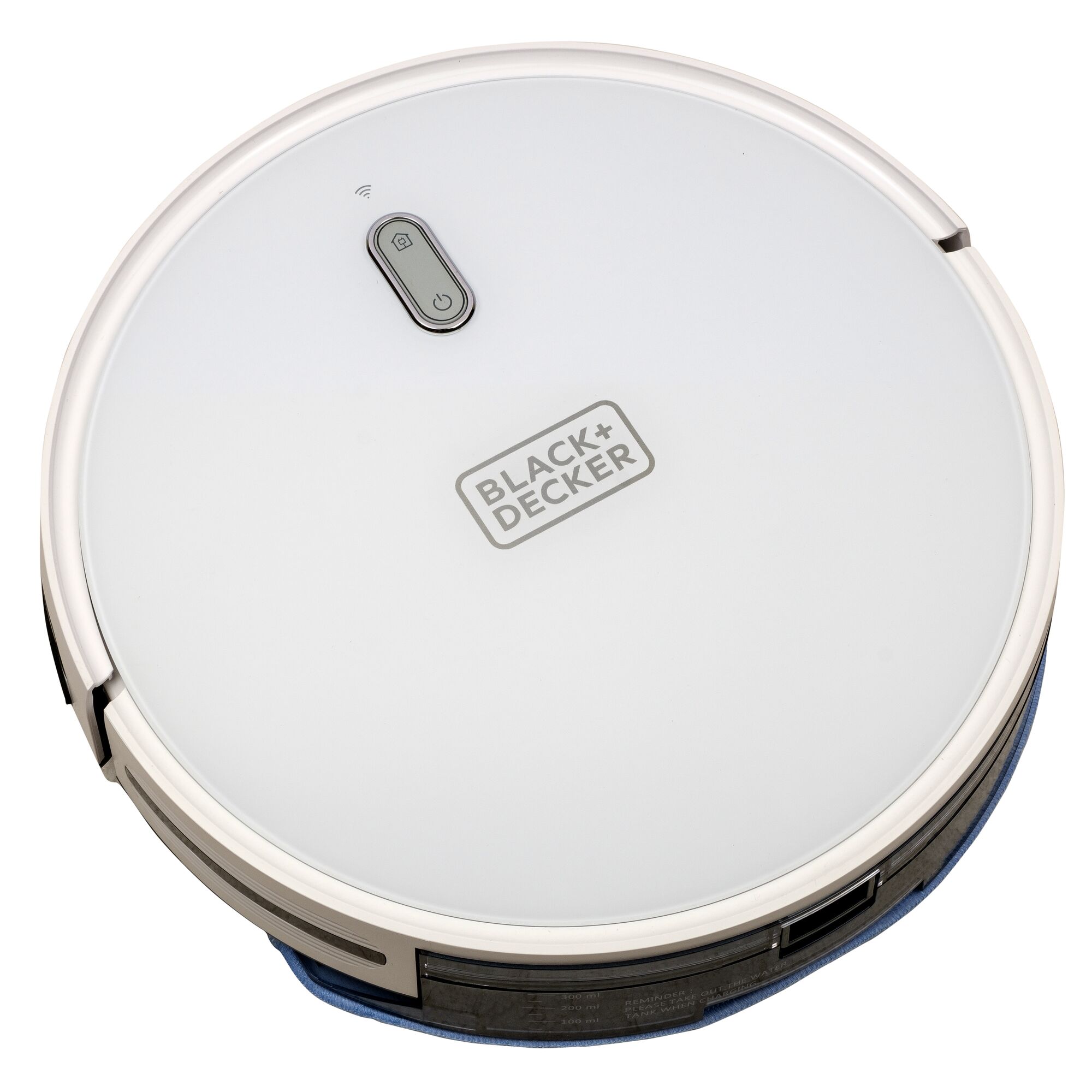 BLACKDECKER BRVA425B10 robotic vacuum, white top view, circular design, clean surface.