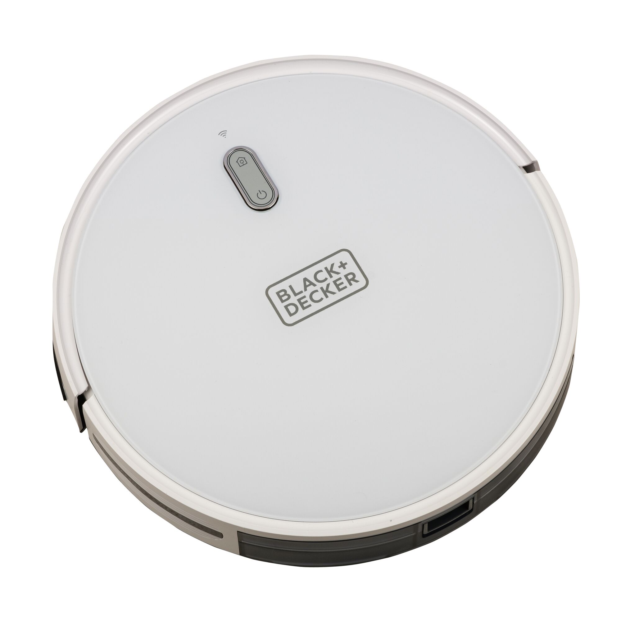 BLACK+DECKER BRVA425B10 white robotic vacuum cleaner front angle with logo and power button visible.