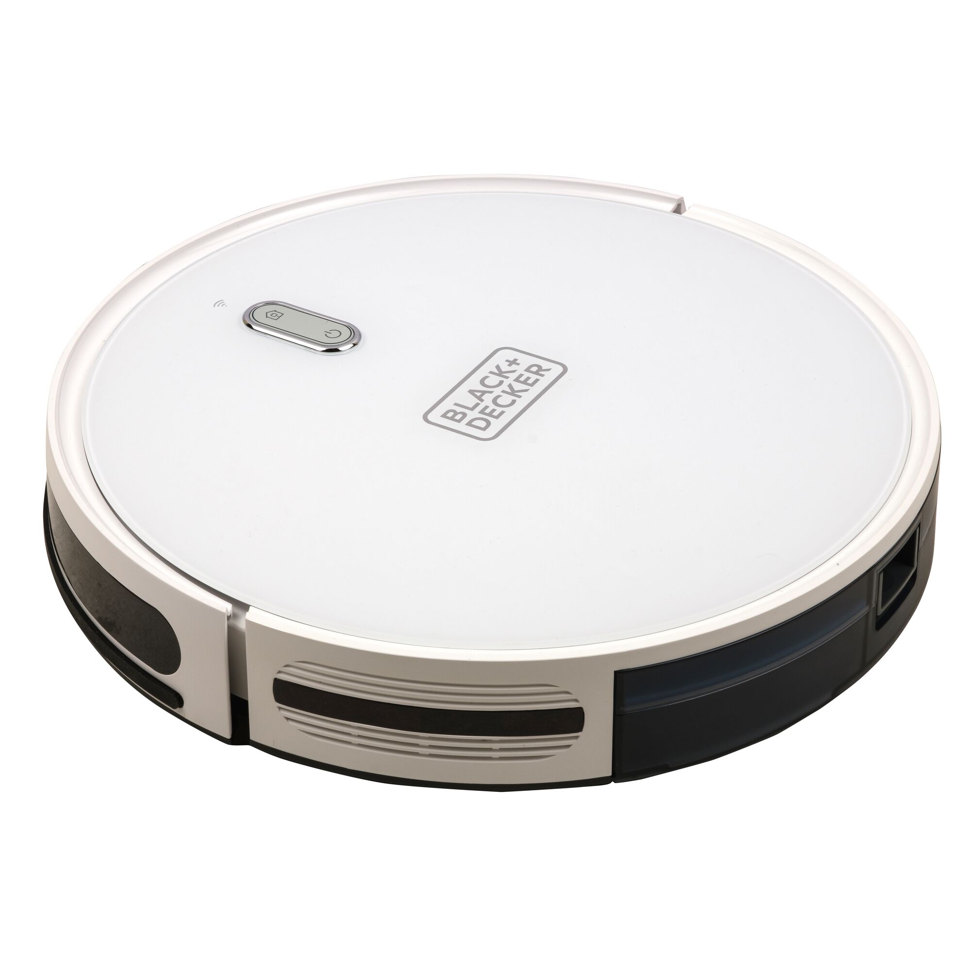 BLACKDECKER BRVA425B10 white robot vacuum angled front photography on white background.
