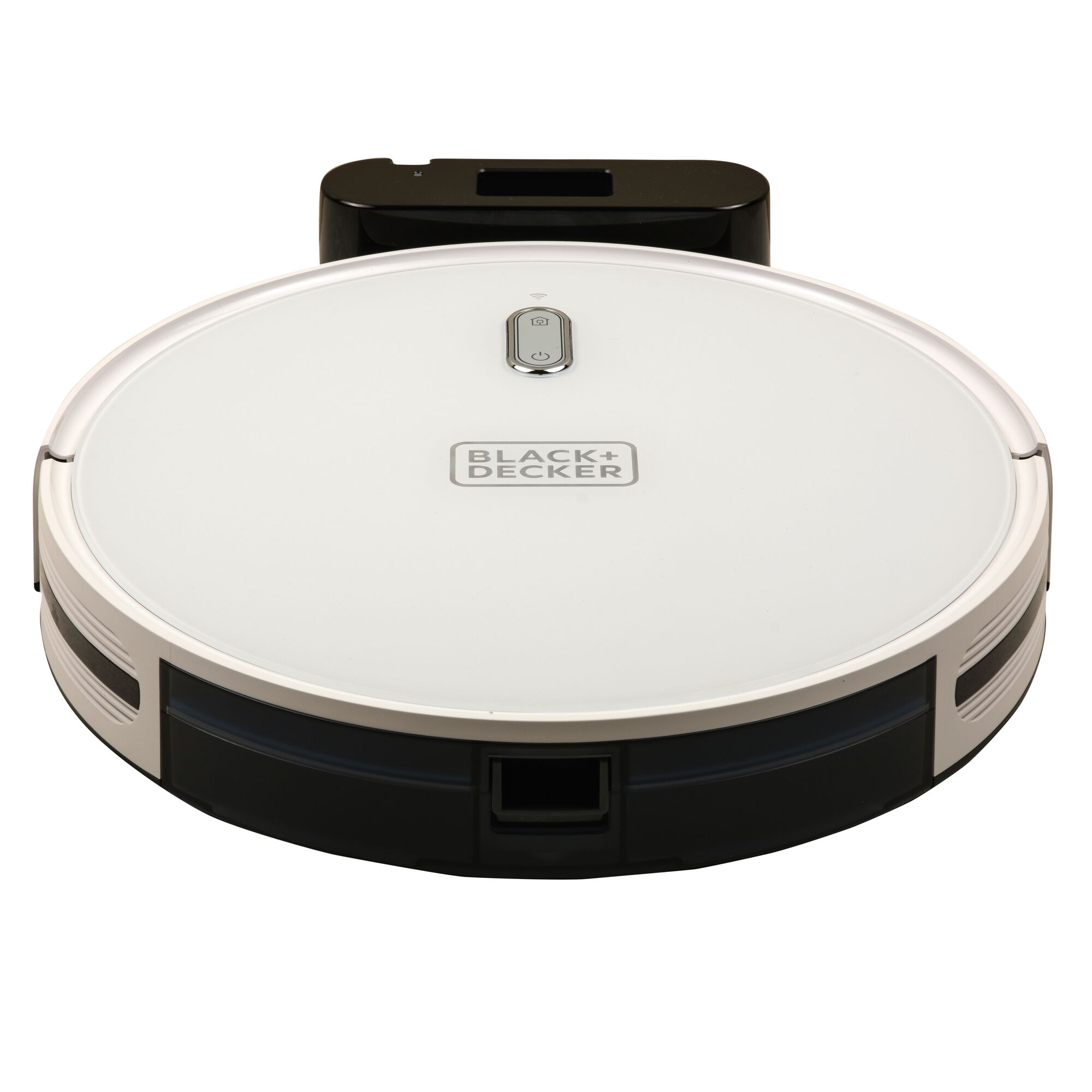 BLACK+DECKER BRVA425B10 robot vacuum in white, photography, front angle on white background.