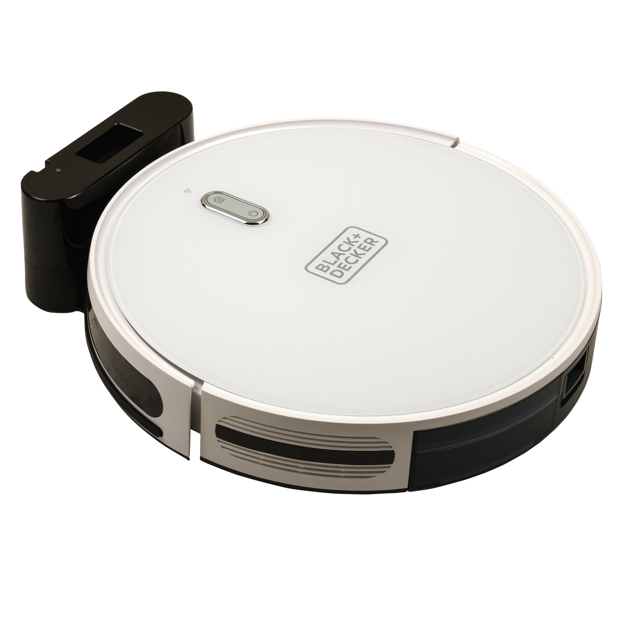 BLACKDECKER BRVA425B10 robot vacuum cleaner with docking station, white top view.