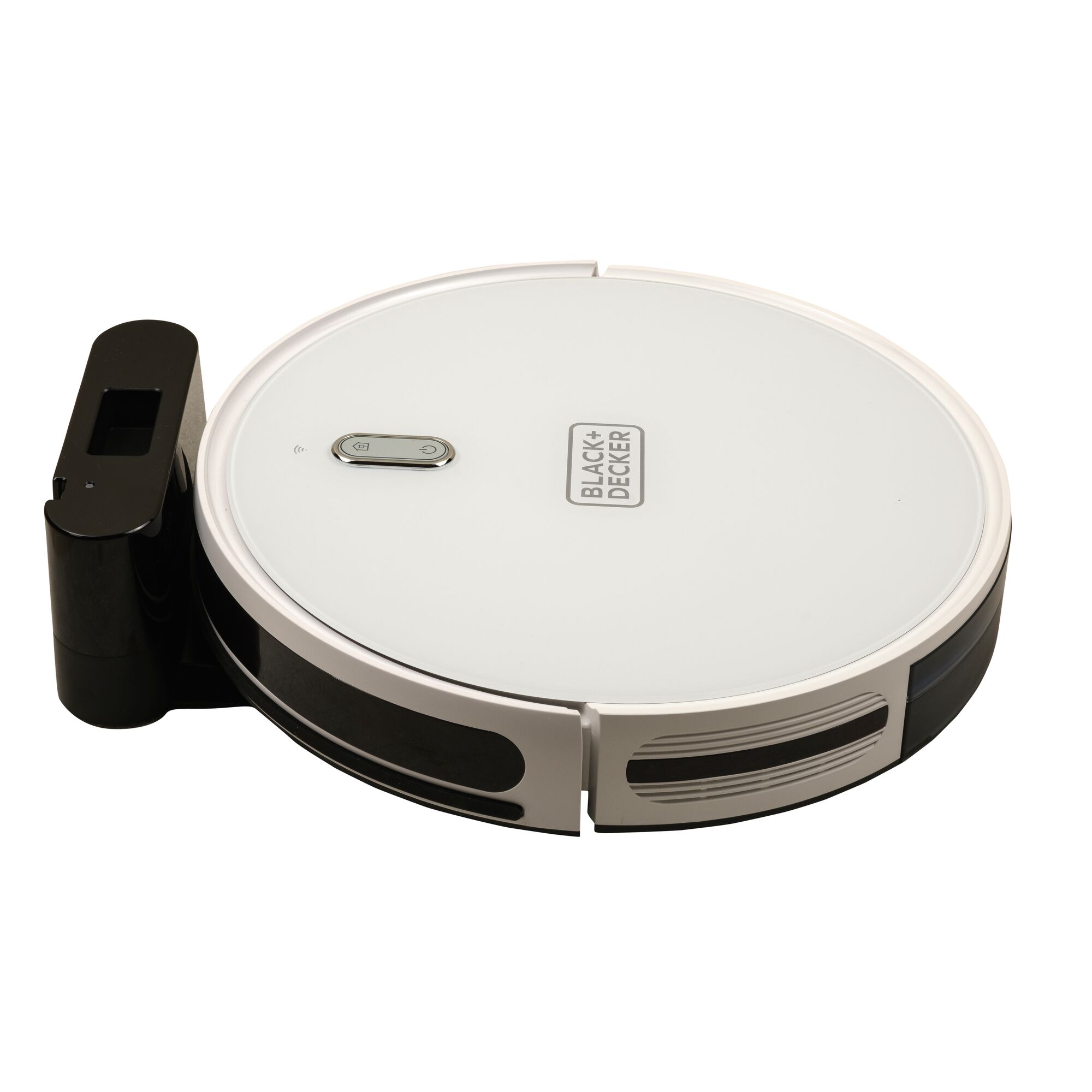 BLACKDECKER BRVA425B10 white robotic vacuum cleaner with charging dock, product photography, front angle.