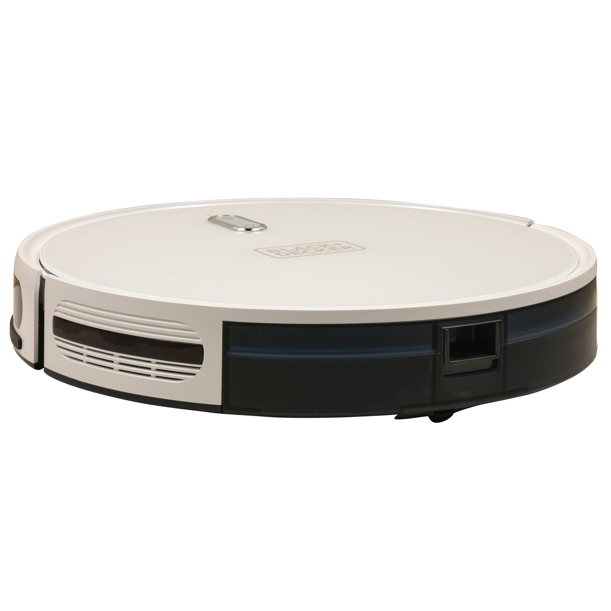 BLACKDECKER BRVA425B10 robot vacuum, round shape, white and black, side angle, on white background