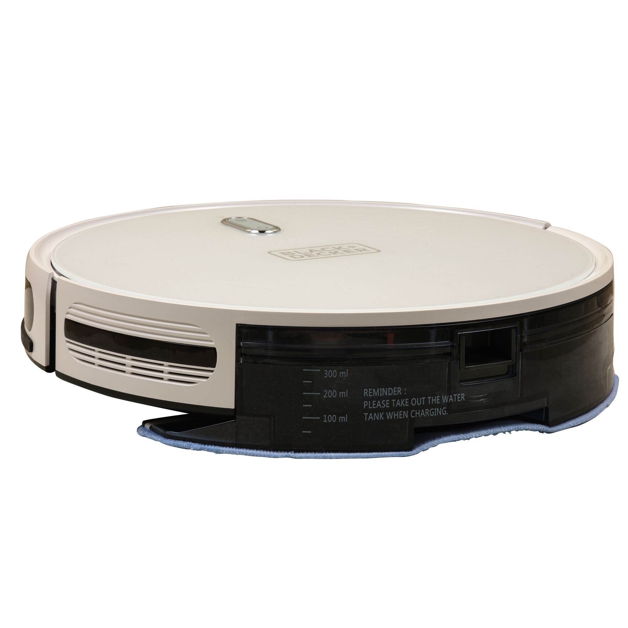 BLACKDECKER BRVA425B10 robotic vacuum cleaner, side angle, white body with water tank visible.