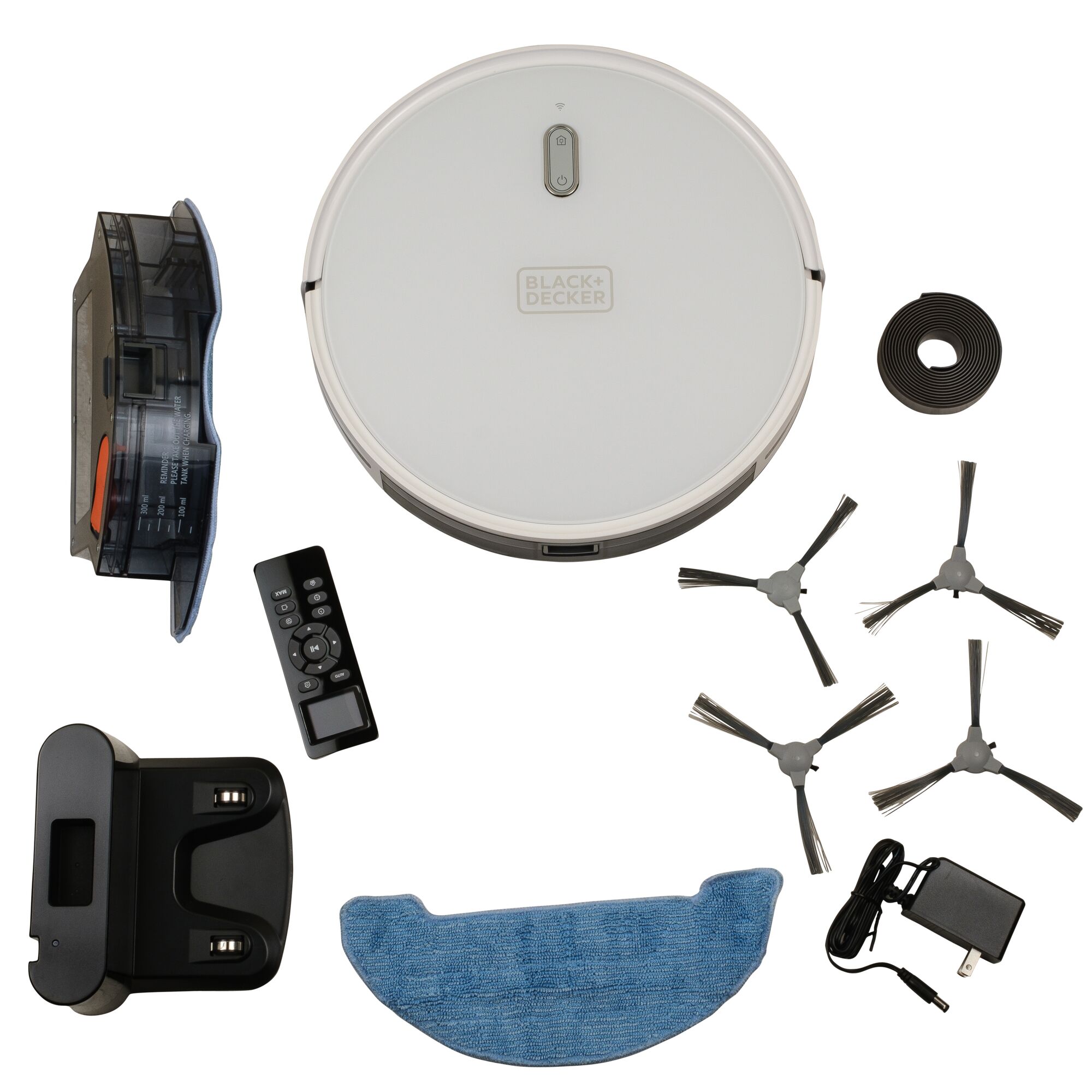 BLACKDECKER BRVA425B10 robot vacuum with accessories, top view on white background.
