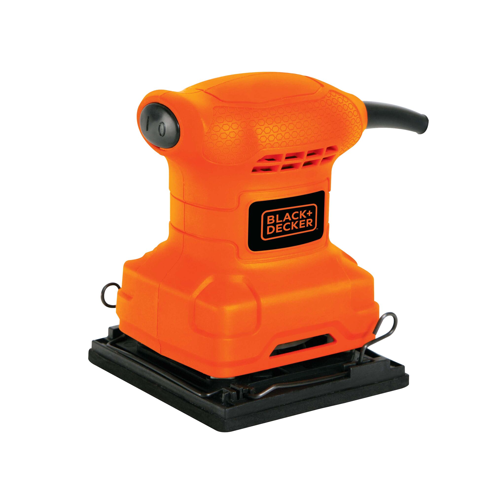 BLACKDECKER BS200 orange electric sander, angled front view, black base, white background.