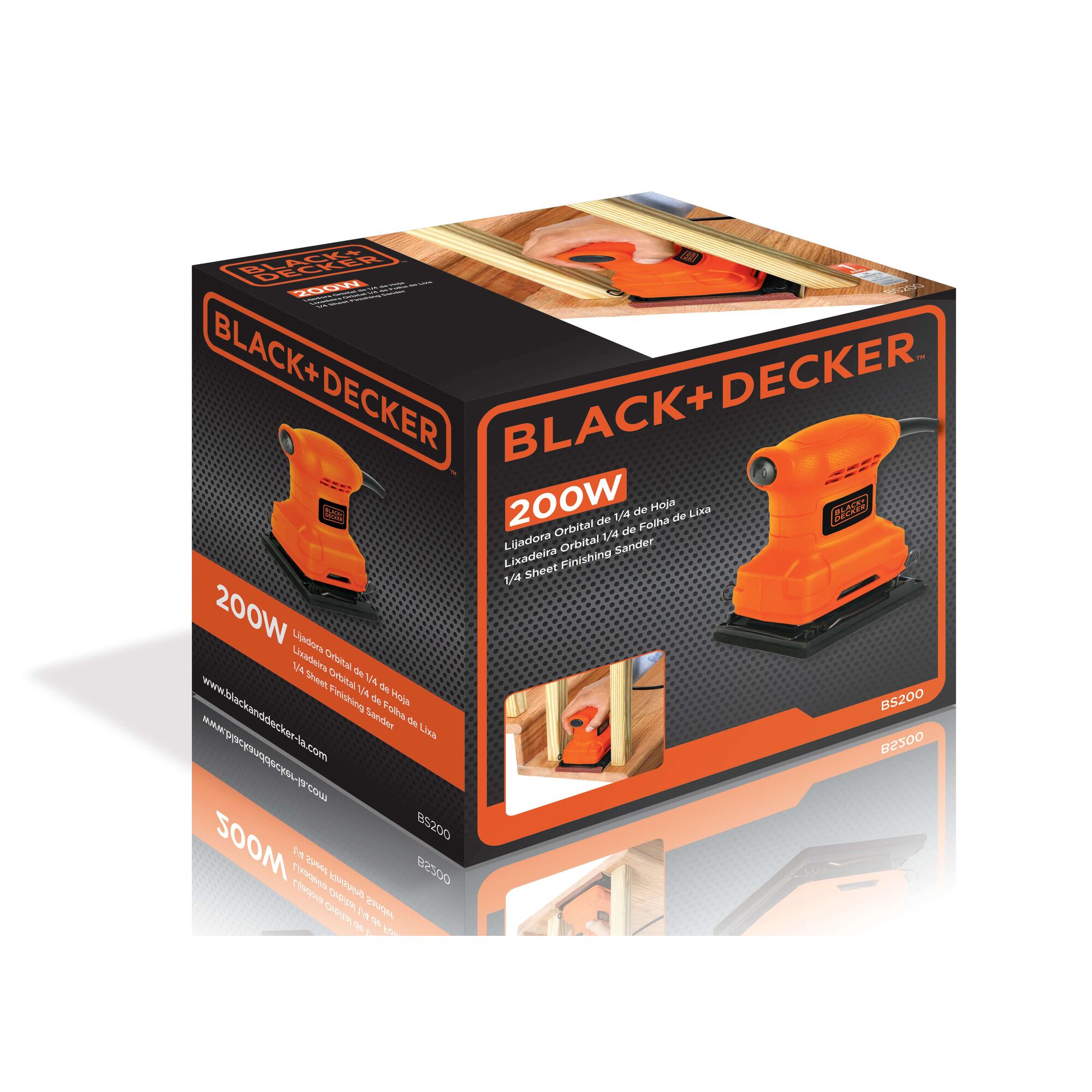 Black+Decker BS200 200W 1/4 sheet finishing sander packaging box. The box features images of the orange sander and shows its use on wood surfaces. Product details are listed in multiple languages.