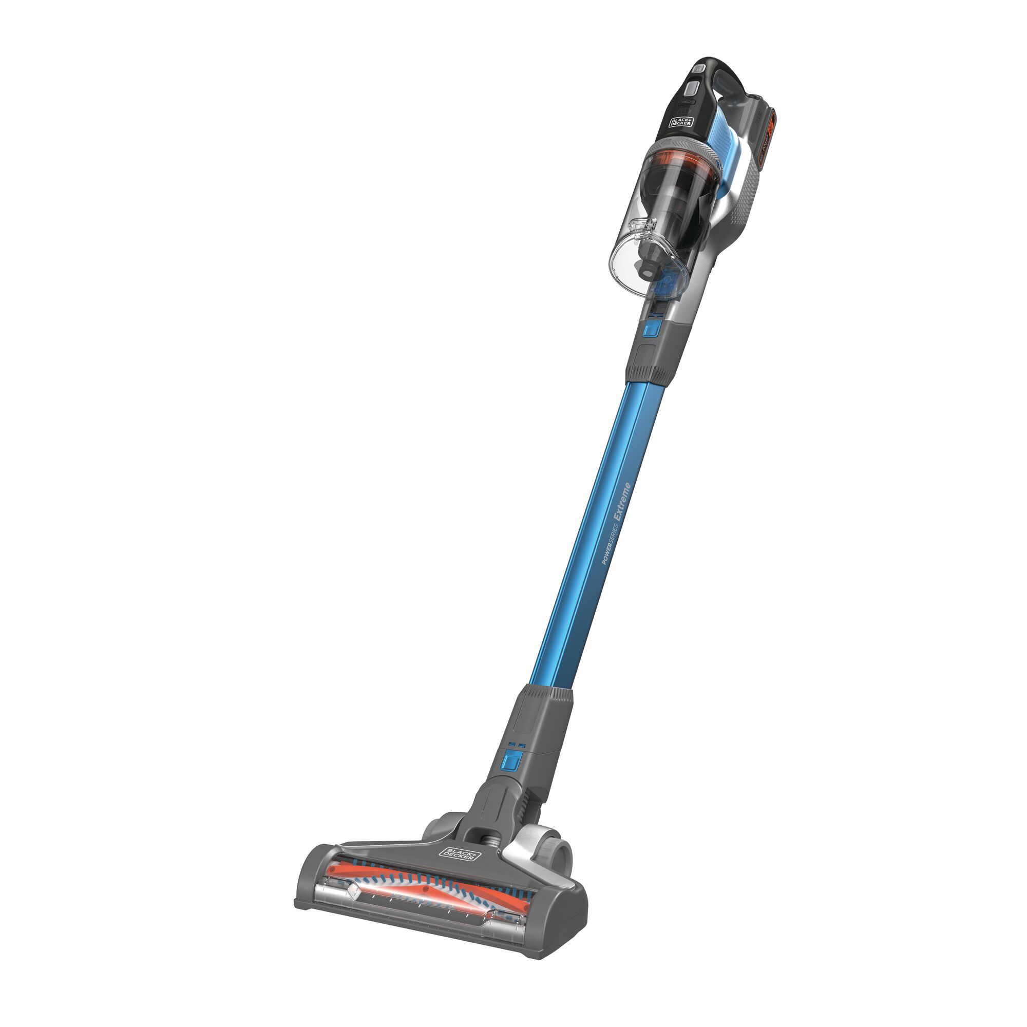 BLACKDECKER BSV2020GW cordless stick vacuum with blue wand, clear dustbin, and motorized brush, front angle.