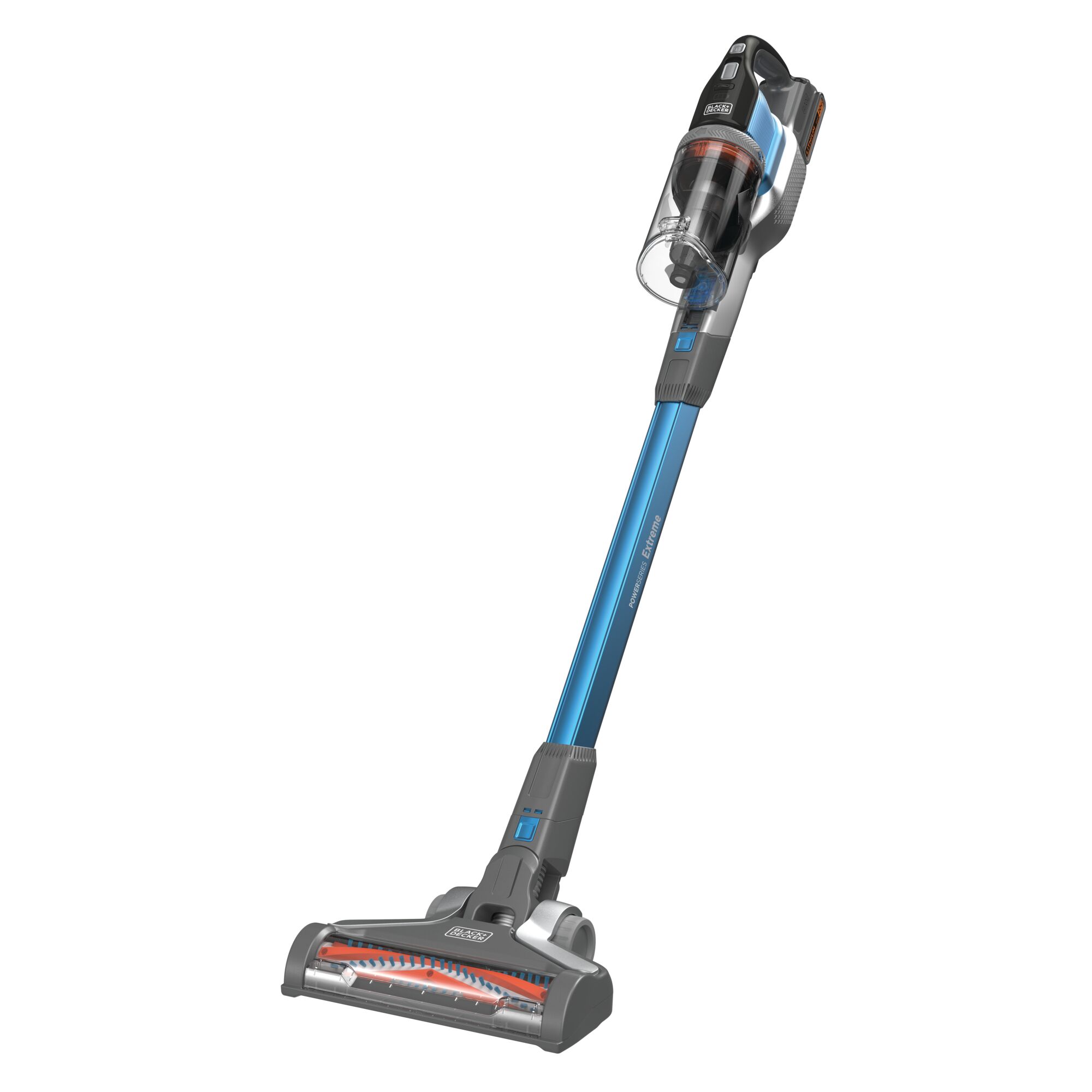 BLACKDECKER BSV2020G stick vacuum with blue shaft, clear dustbin, front angle on white background.