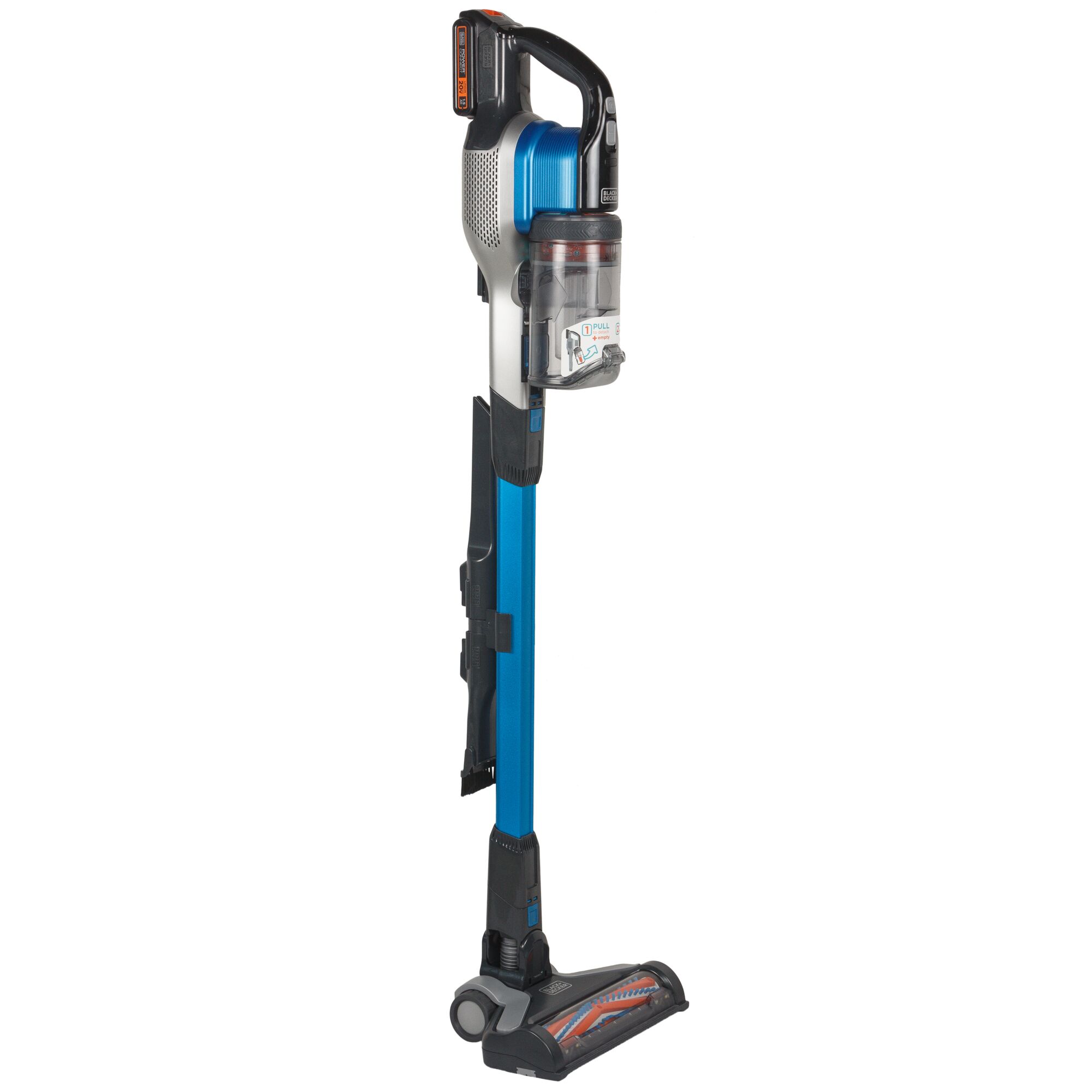 BLACKDECKER BSV2020G cordless stick vacuum with blue and gray body, side angle.