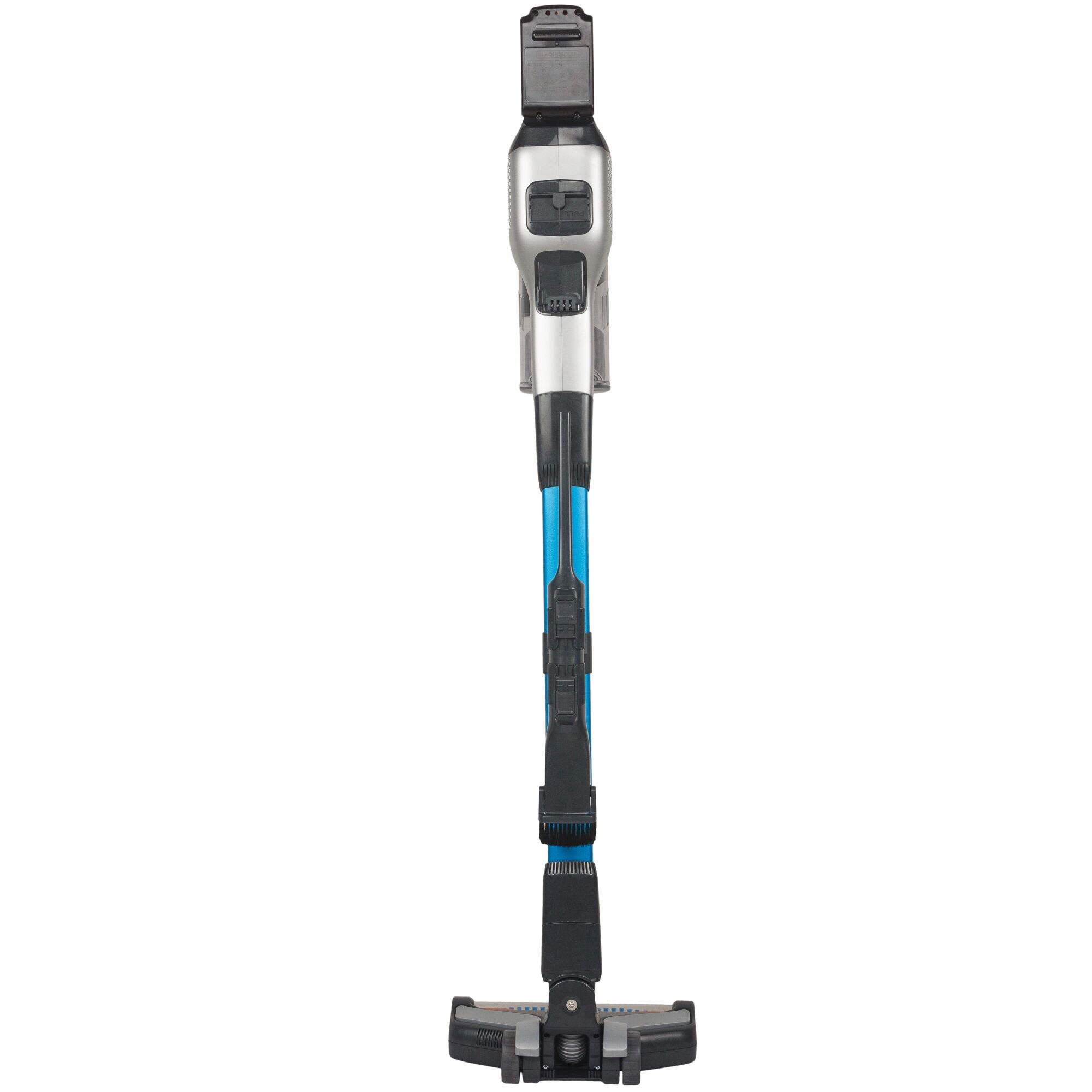 BLACKDECKER BSV2020G cordless stick vacuum, blue and silver, front angle on white background.