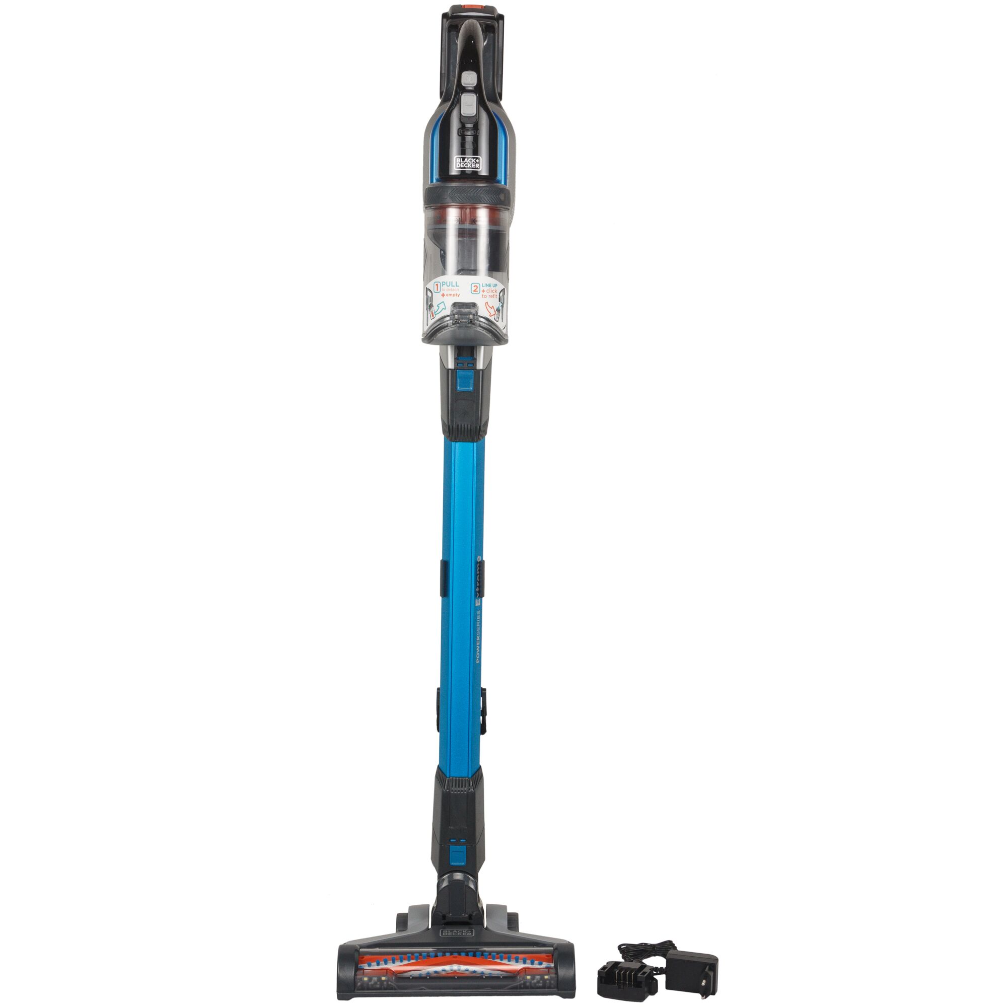 BLACKDECKER BSV2020G blue stick vacuum cleaner, front angle with charger accessory, photography