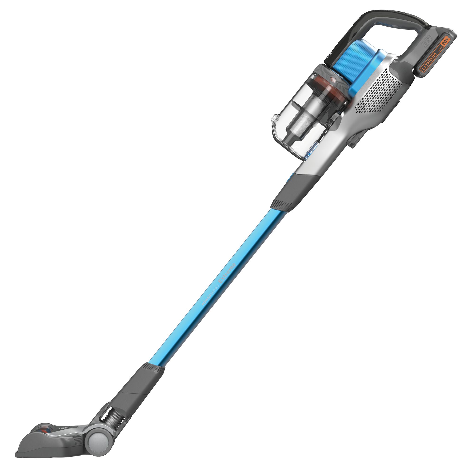 BLACKDECKER BSV2020G stick vacuum cleaner side view, blue and silver body, clear dustbin, white background.