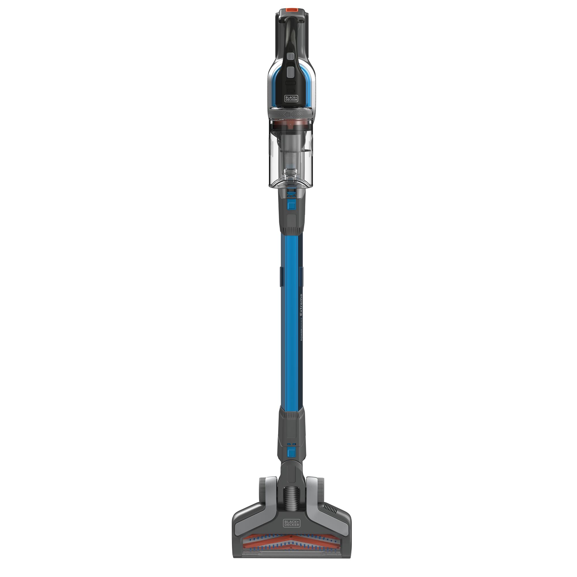 BLACKDECKER BSV2020G blue stick vacuum cleaner front angle on white background.