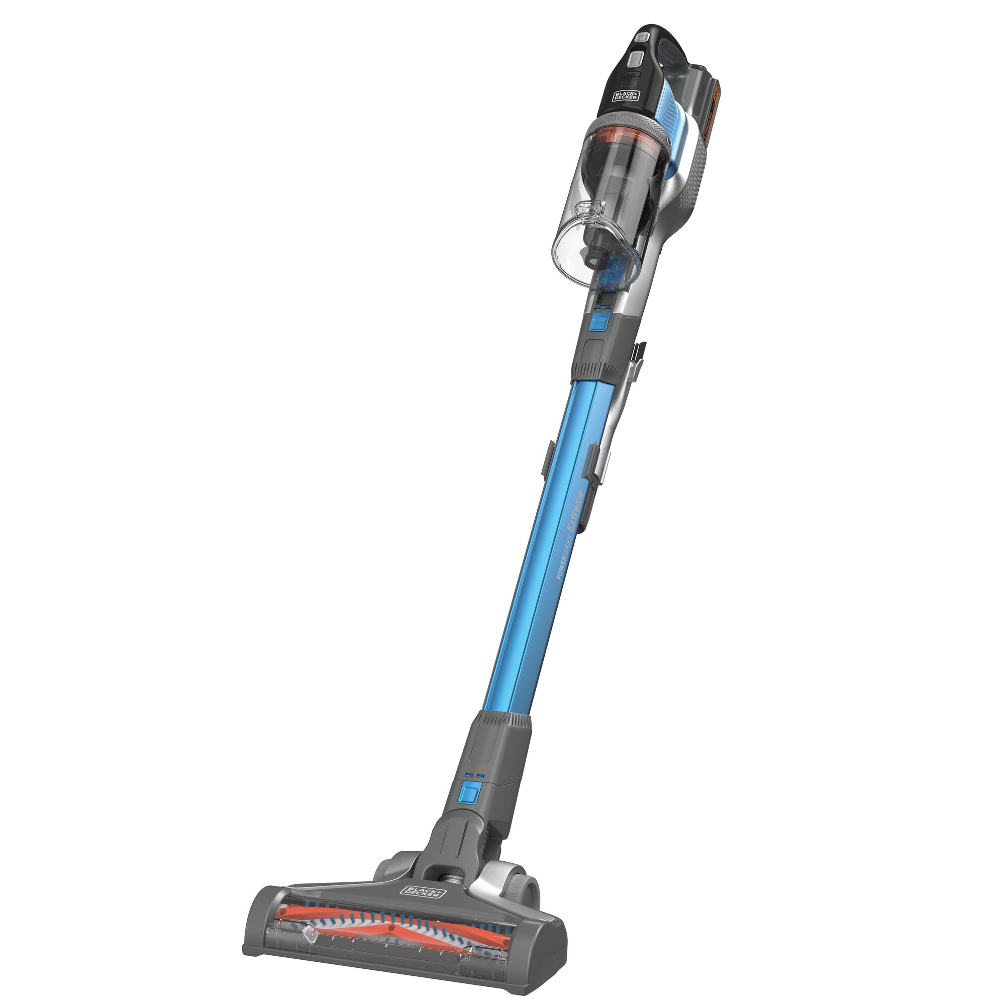 Photo of BLACKDECKER BSV2020G cordless stick vacuum cleaner in blue, angled on white background.