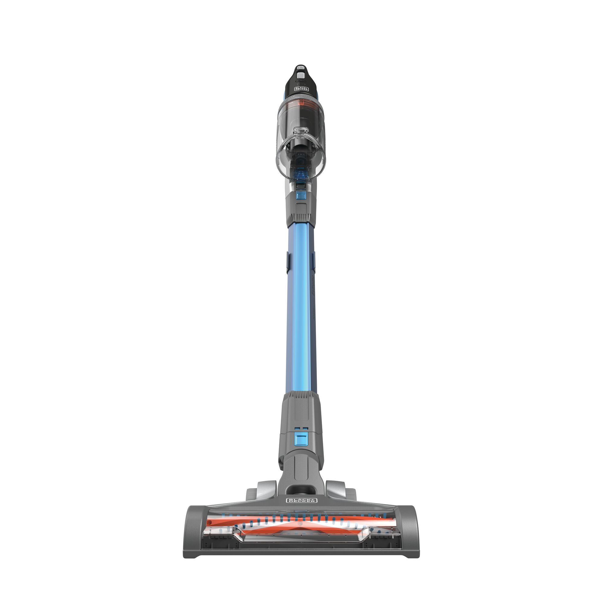 BLACKDECKER BSV2020G cordless stick vacuum cleaner, blue and grey, front angle on white background.