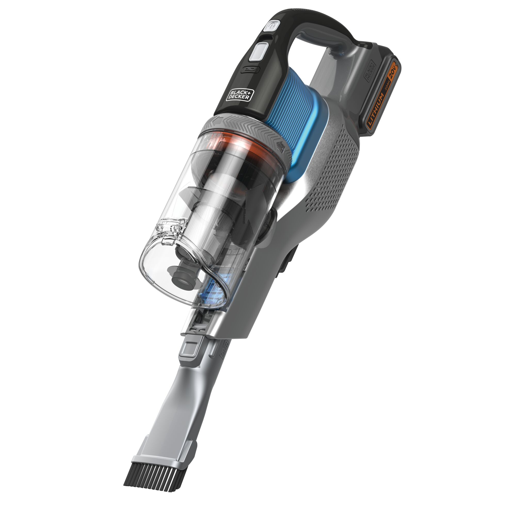 BLACKDECKER BSV2020G cordless stick vacuum with slim crevice tool, angled view, grey and blue.