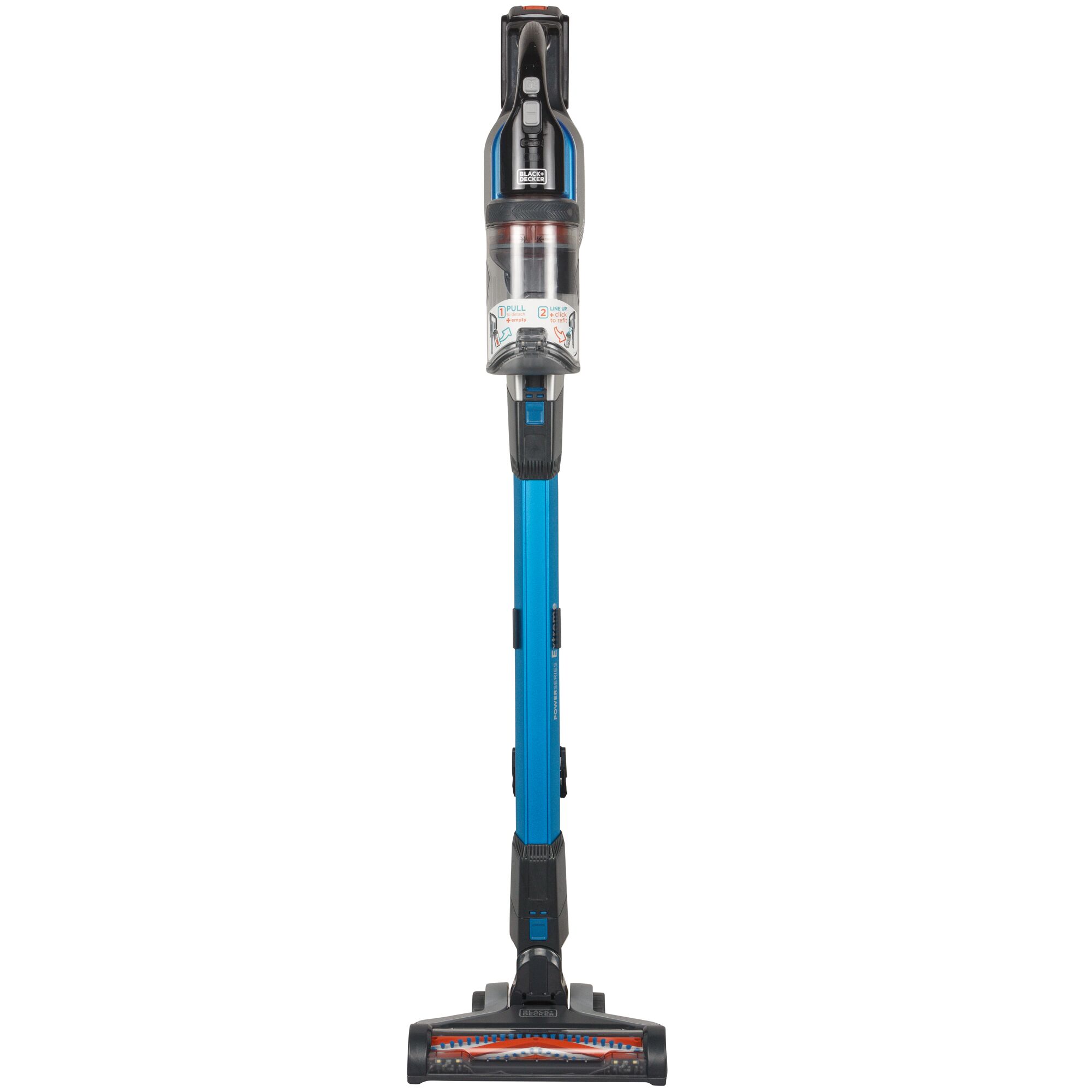 BLACKDECKER BSV2020G blue stick vacuum cleaner, front view, with transparent dust canister and brush head.
