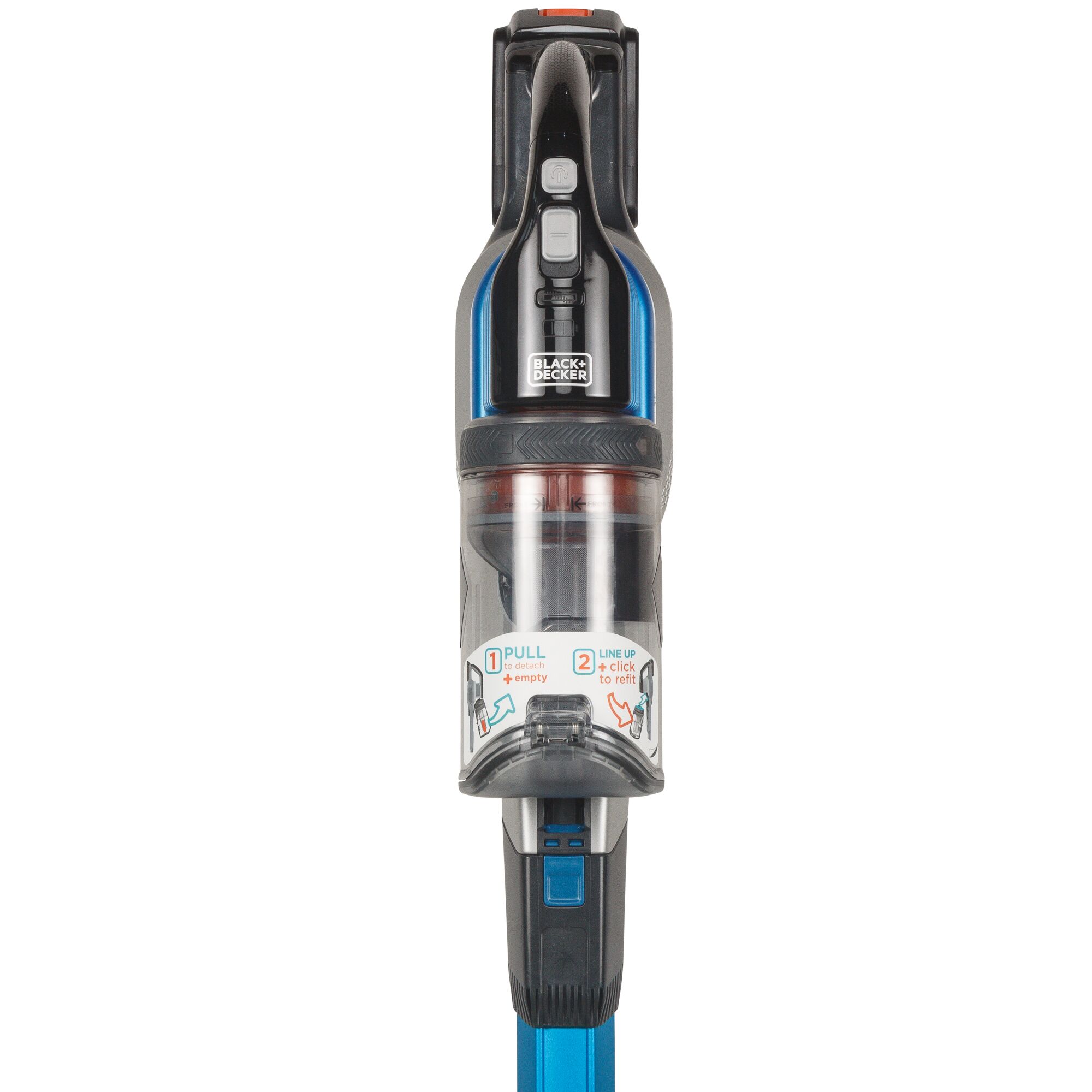 Photo of BLACKDECKER BSV2020G cordless stick vacuum cleaner, blue accents, front view on white background.