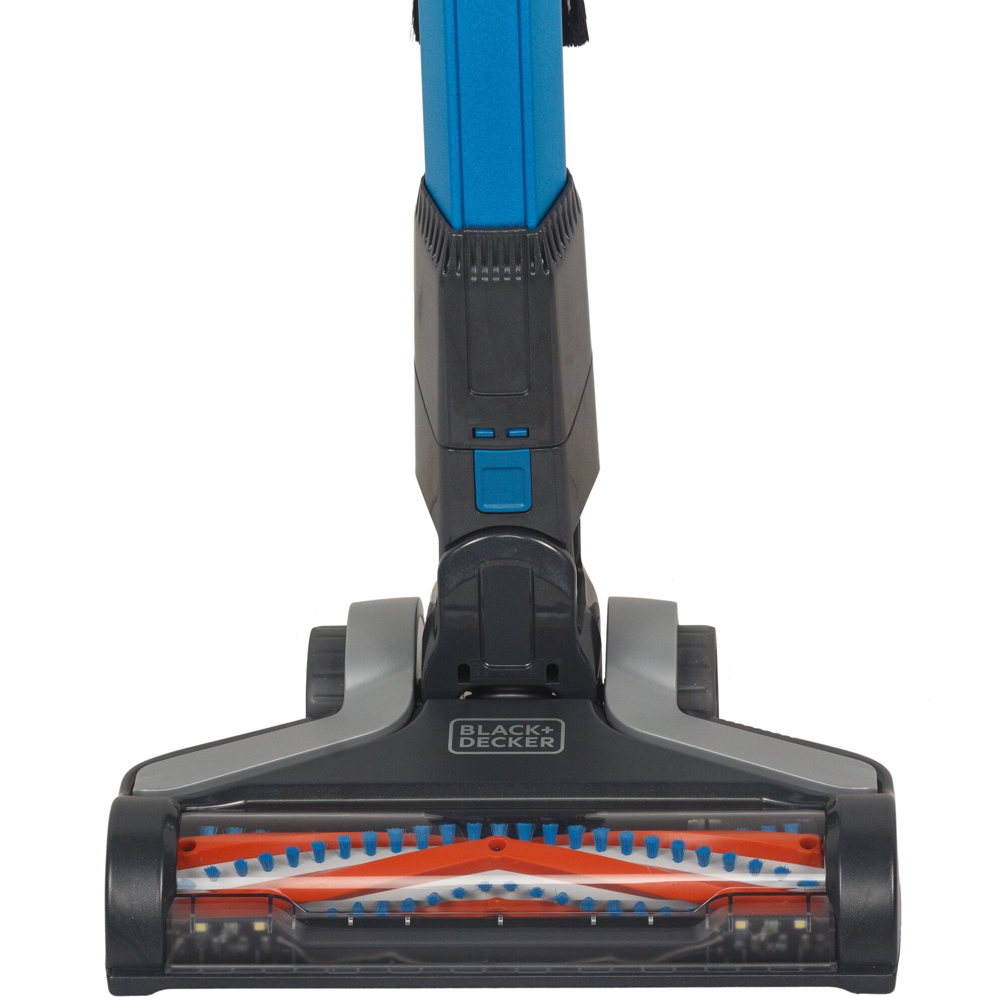 BLACK+DECKER BSV2020G vacuum cleaner front angle, blue and black body with orange brush roller.