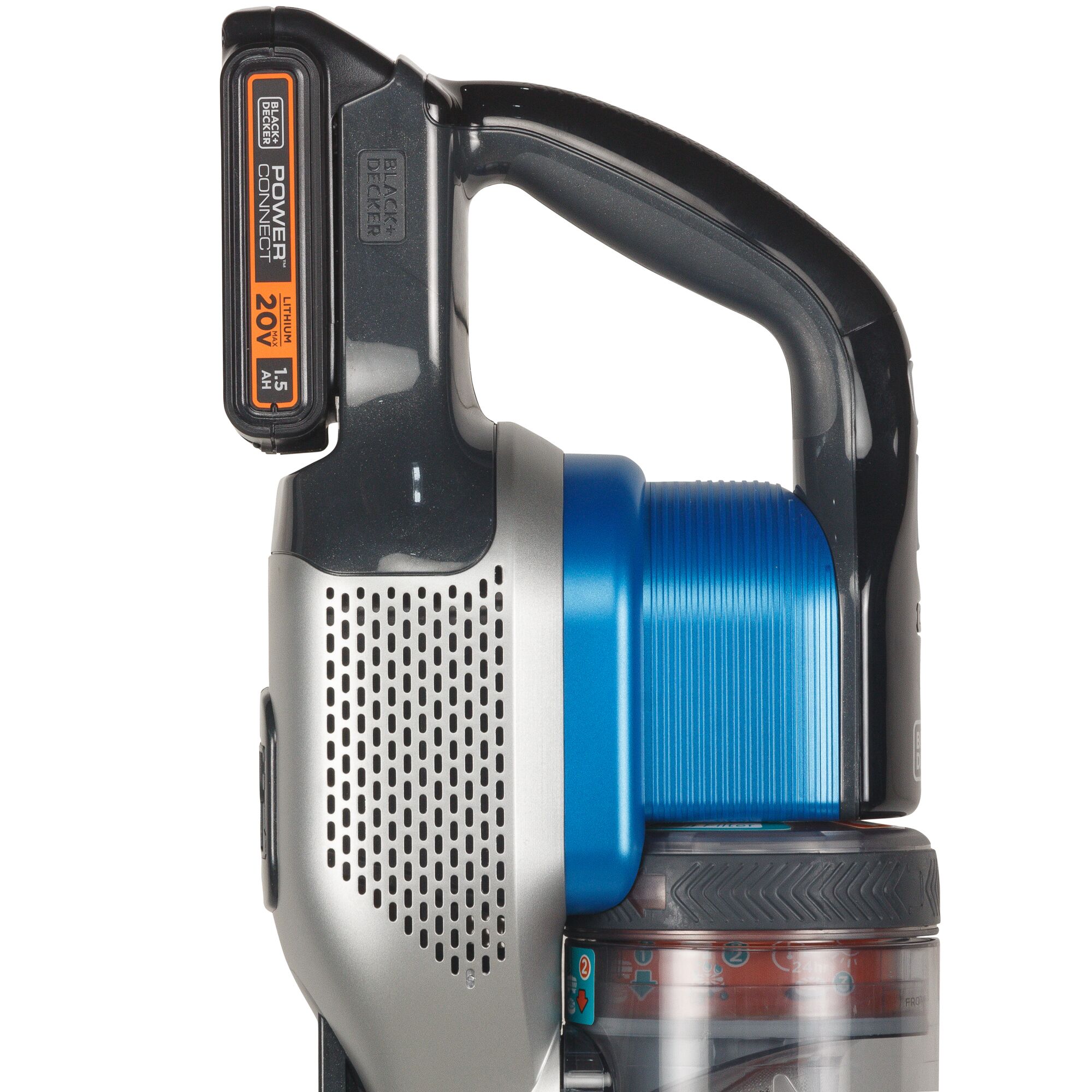 Photo of BLACKDECKER BSV2020G cordless vacuum cleaner handle and battery, side view, with silver and blue accents.