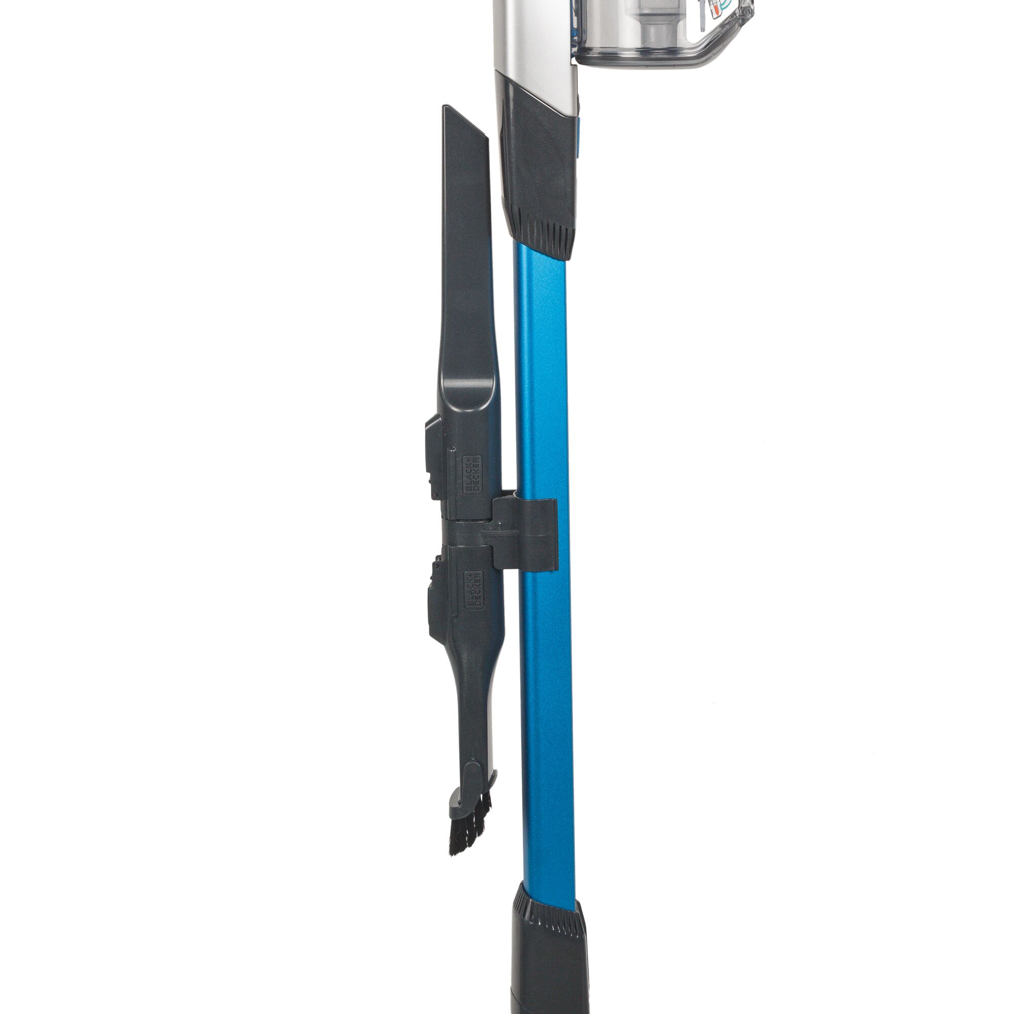 BLACKDECKER BSV2020G stick vacuum blue handle with attached crevice and brush tool, side view photo.