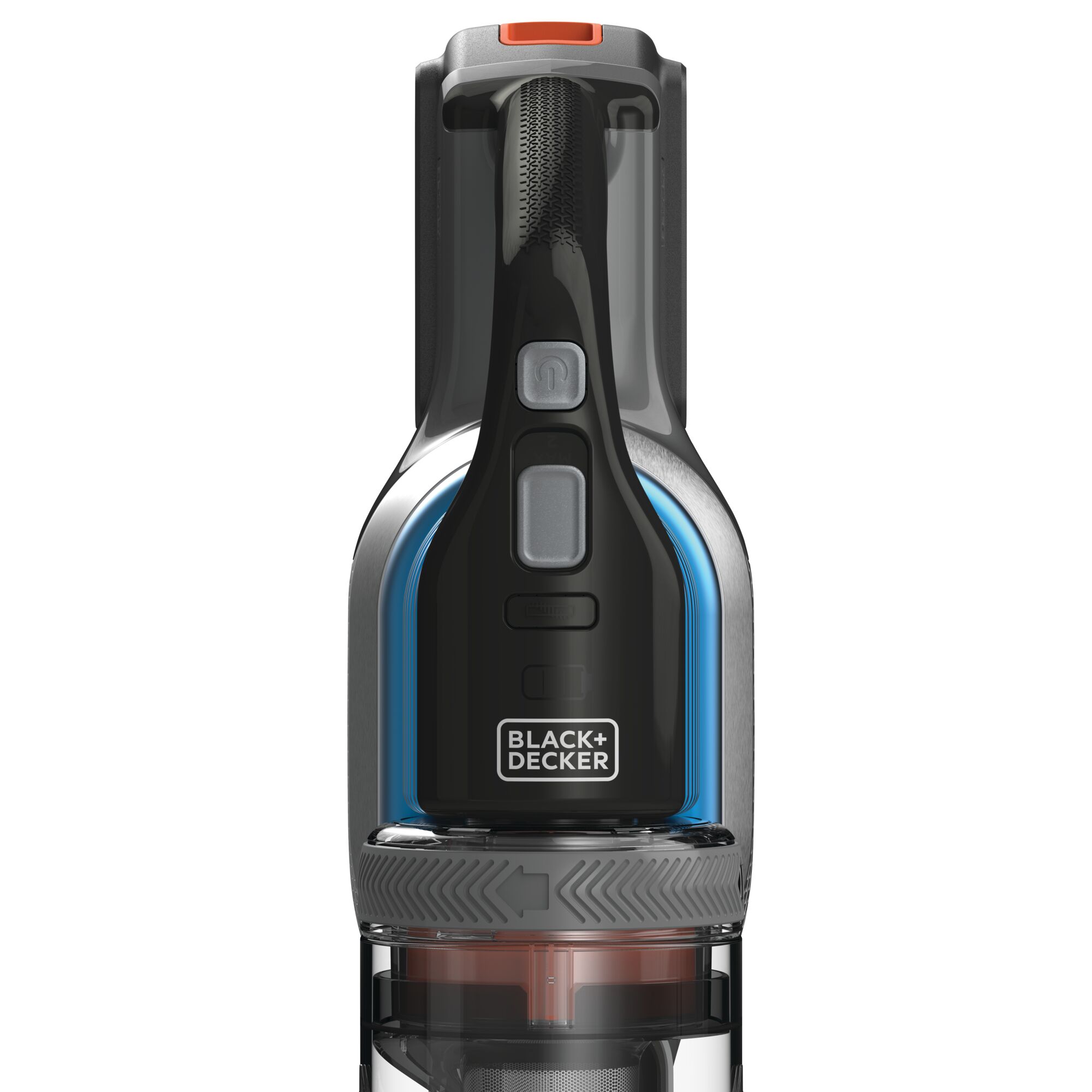 BLACK+DECKER BSV2020G cordless stick vacuum cleaner front view with black, grey, and blue accents.