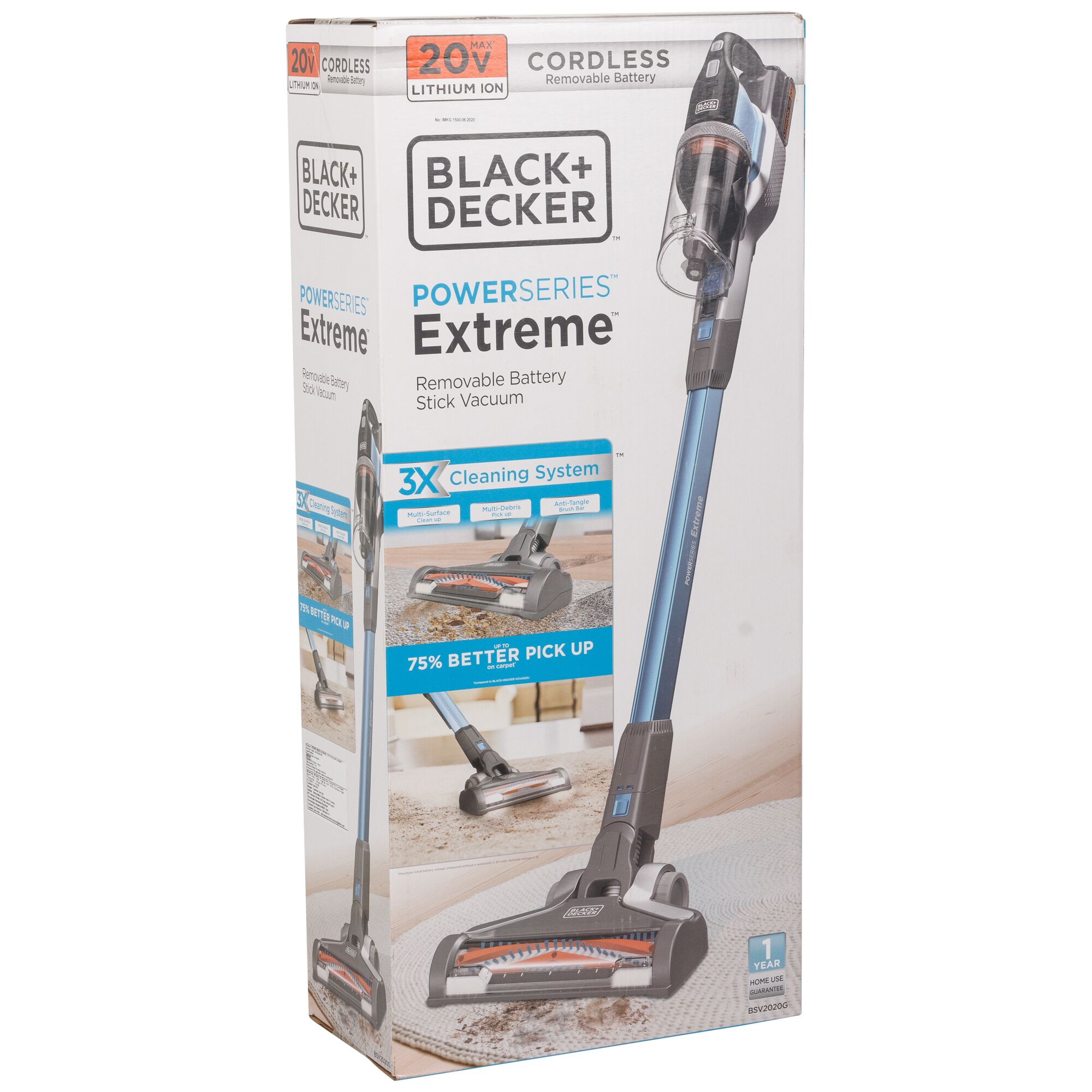 BLACK+DECKER BSV2020G stick vacuum box, blue, cordless, removable battery, 3X cleaning system, angled view
