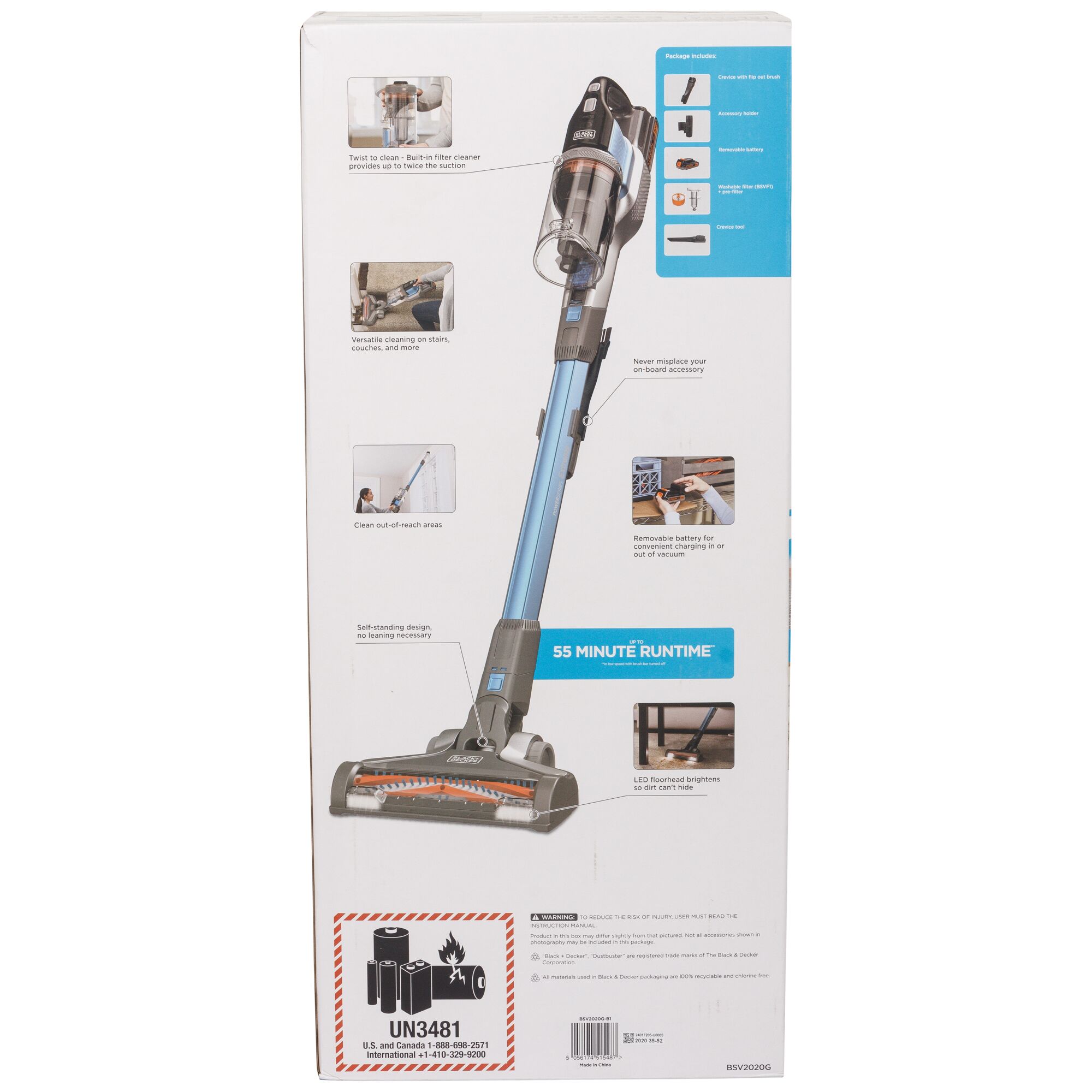 BLACKDECKER BSV2020G upright stick vacuum cleaner with blue and grey design, shown from rear angle.