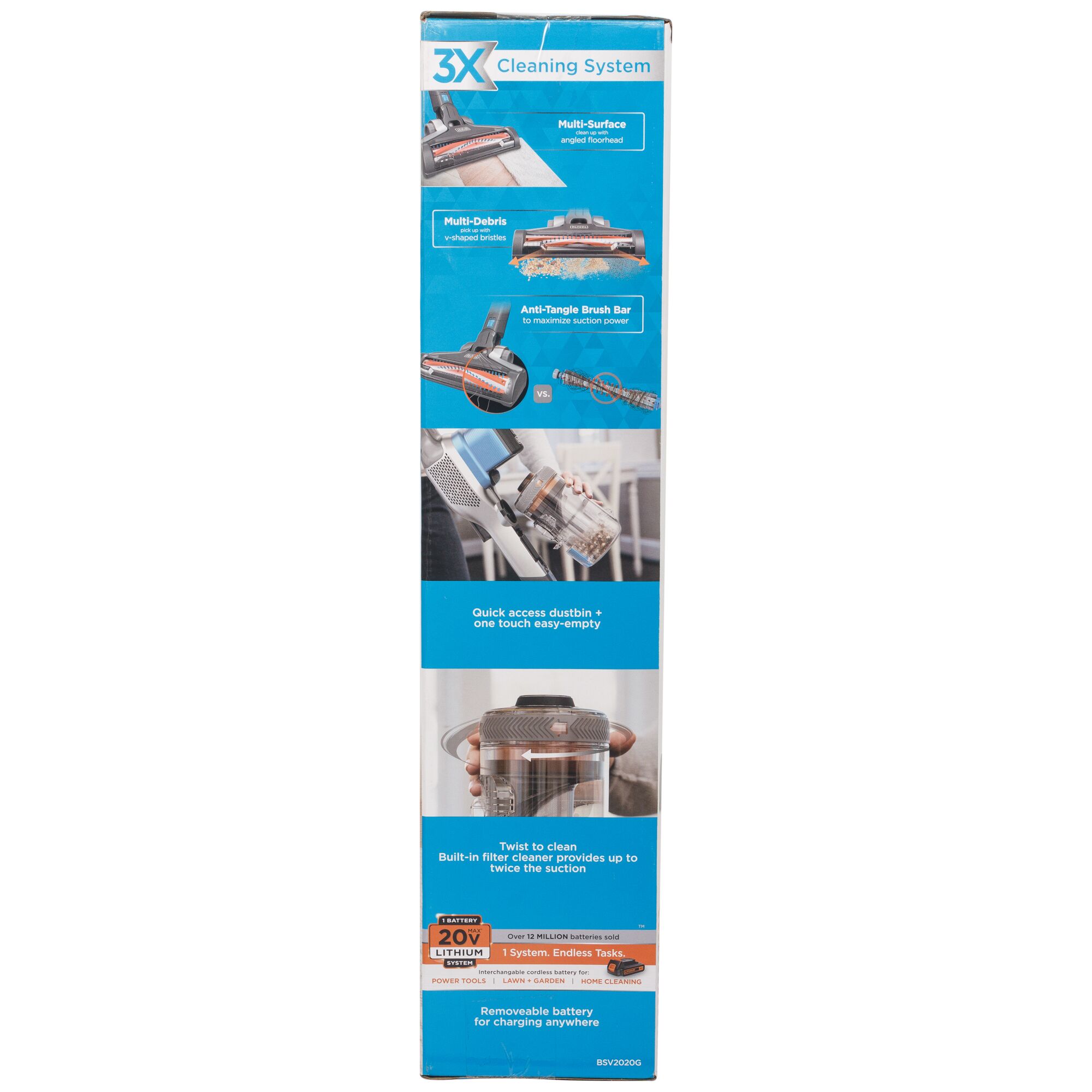 Photo of BLACKDECKER BSV2020G vacuum packaging side showing cleaning system features, vertical angle.