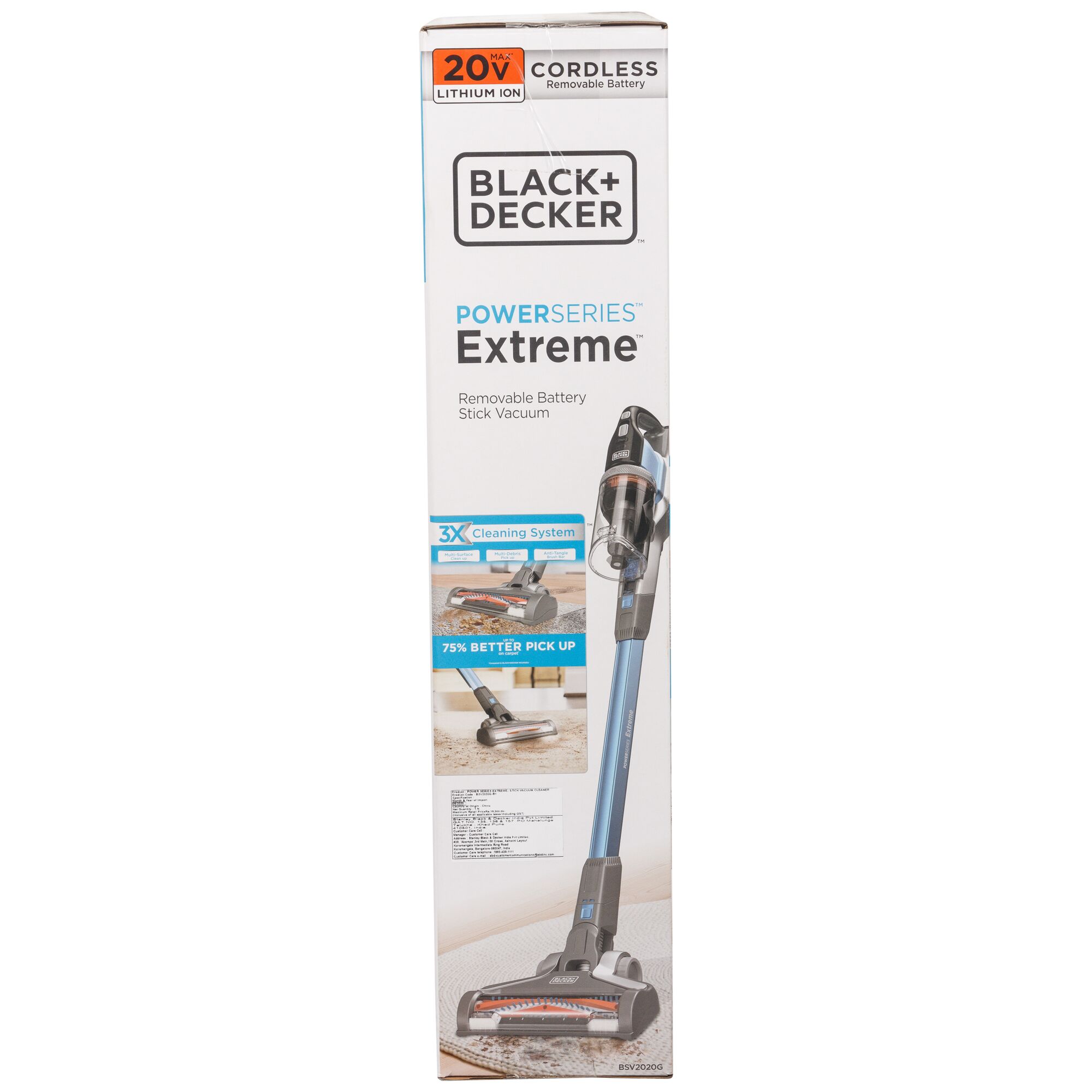 BLACK+DECKER stick vacuum BSV2020G with removable battery, blue color, front packaging photo