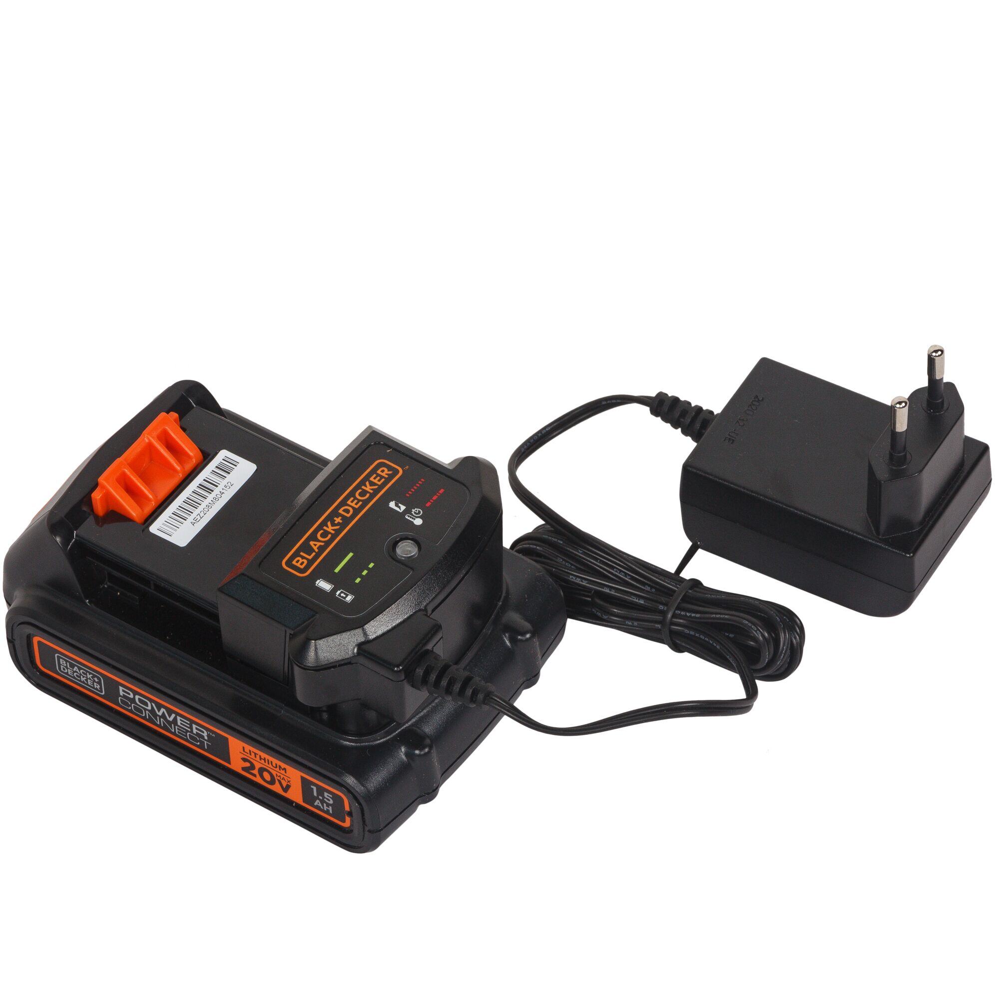 BLACK+DECKER BSV2020G 20V lithium battery and charger, black with orange details, side angle on white background.