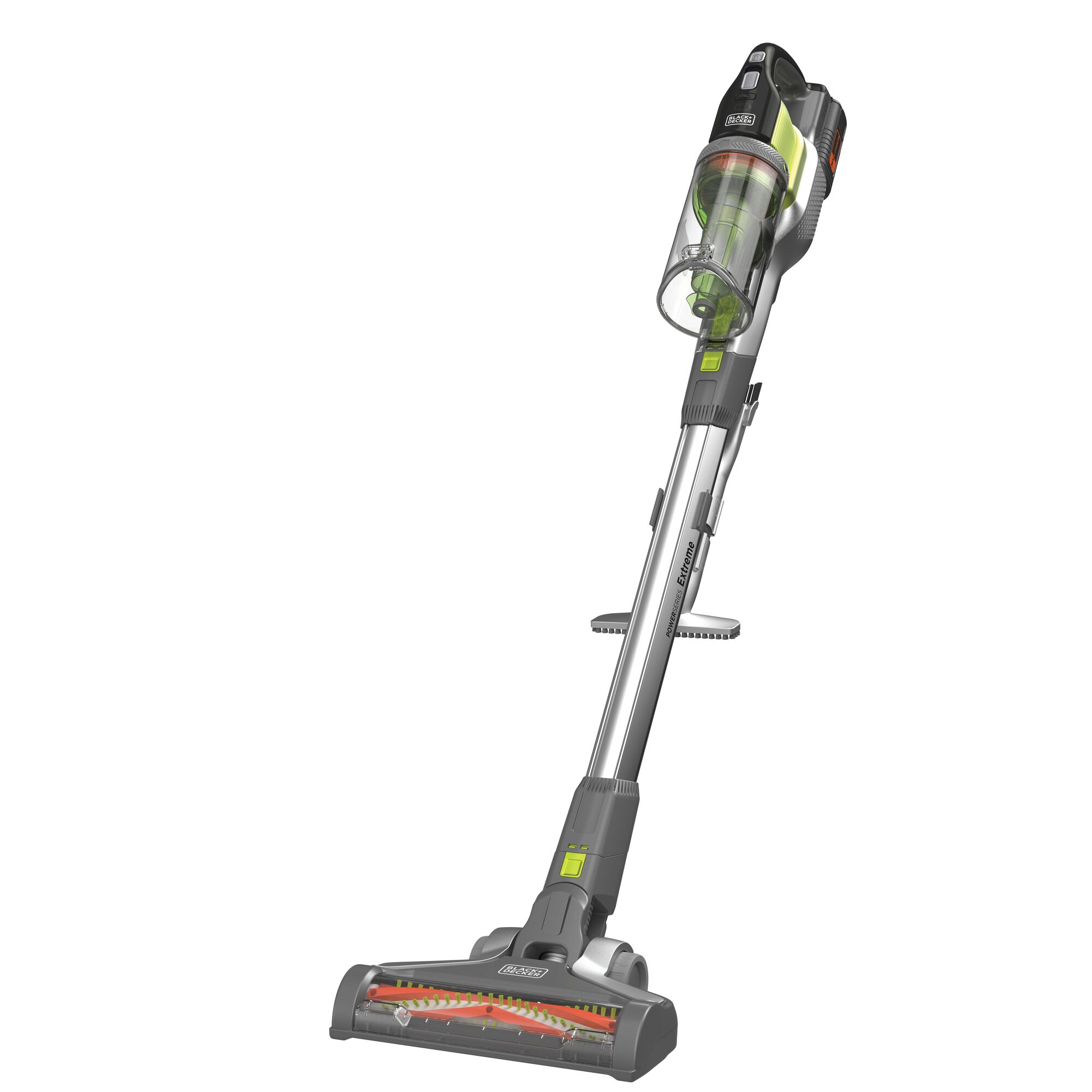 BLACK+DECKER BSV4020AS cordless stick vacuum cleaner, grey and green, angled view on white background.