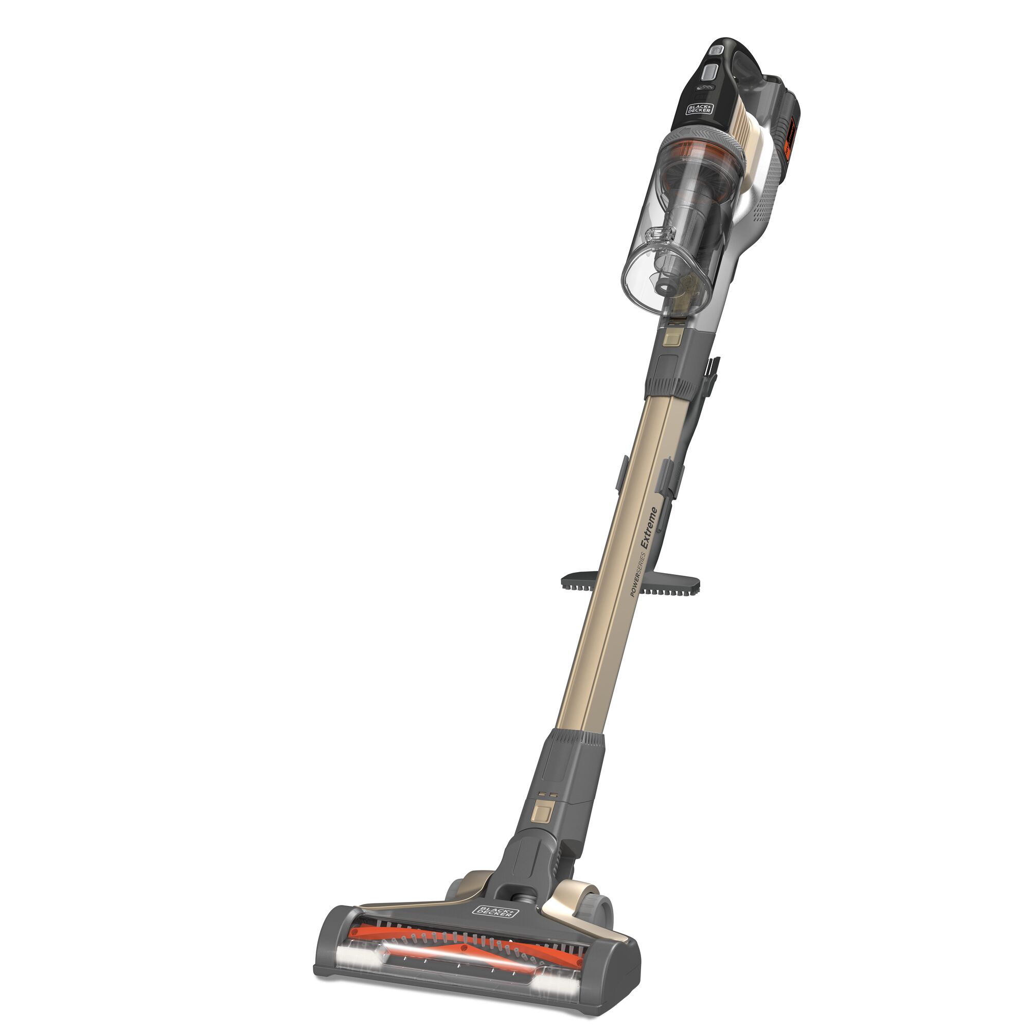BLACK+DECKER cordless stick vacuum BSV4020RBLS, gold and black, side view on white background.